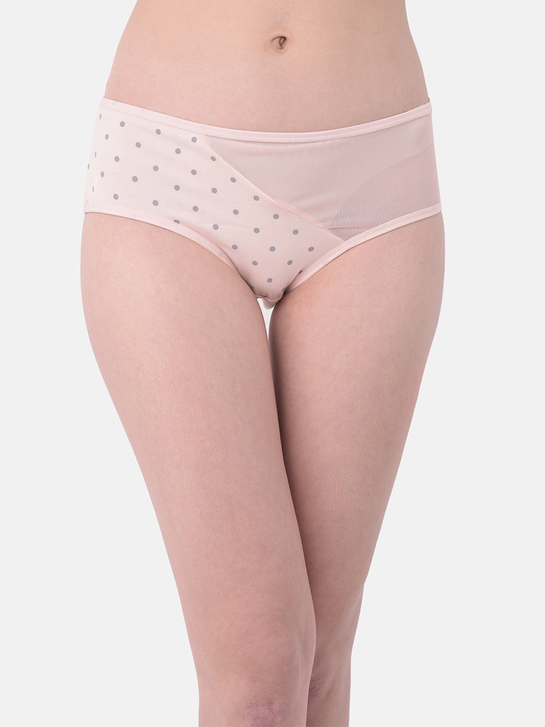 

Clovia Women Peach-Coloured Polka Print Hipster Briefs with Mesh Panel PN3291T22XL