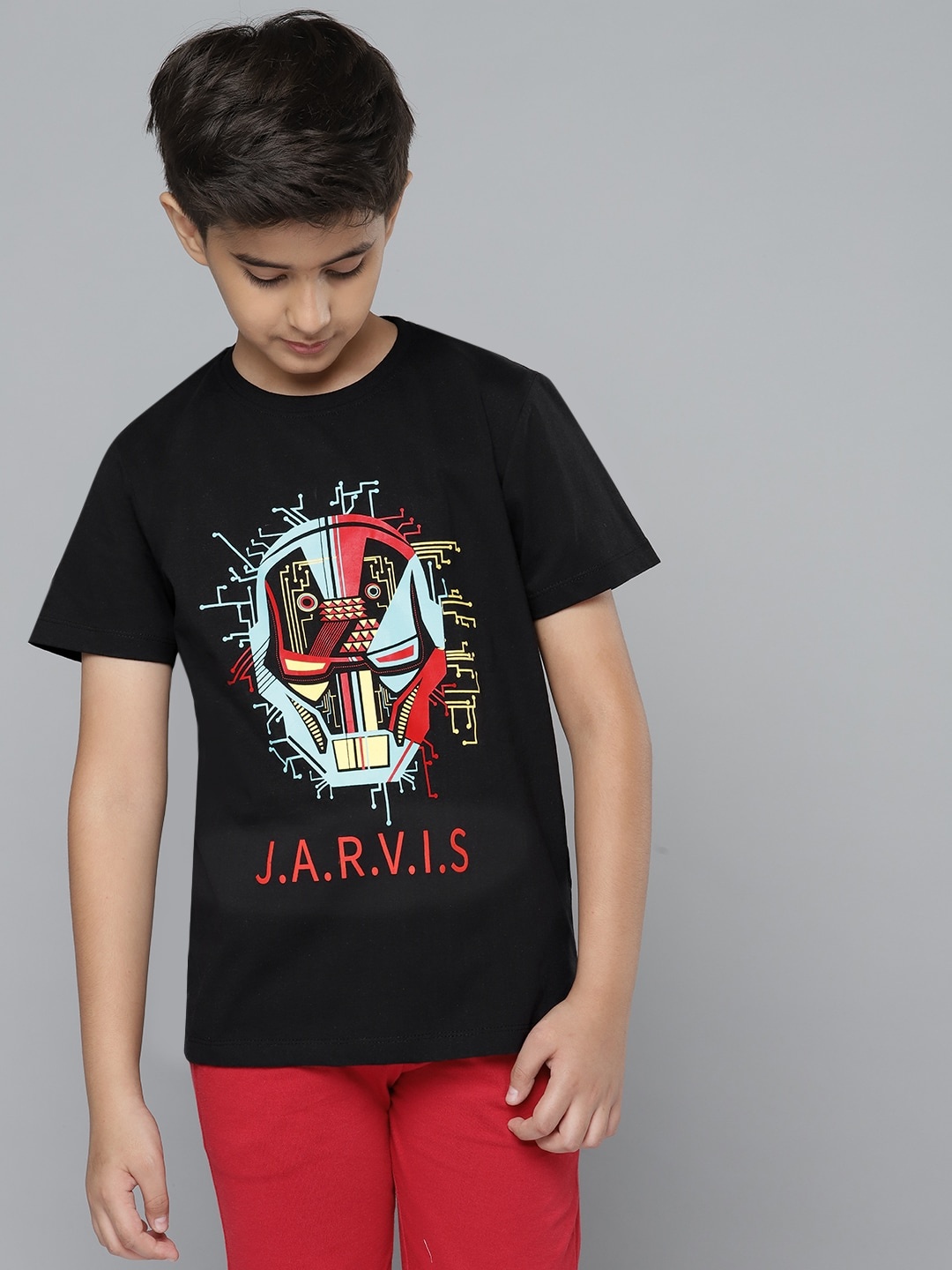 

YK Marvel Boys Black Avengers Jarvis Print Round Neck Pure Cotton T-shirt