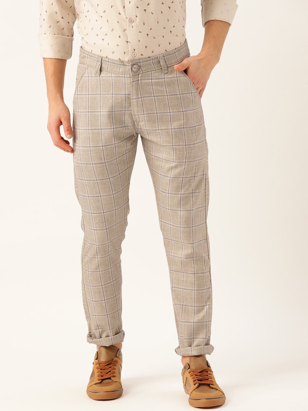 

SOJANYA Men Beige & Navy Blue Smart Regular Fit Checked Trousers