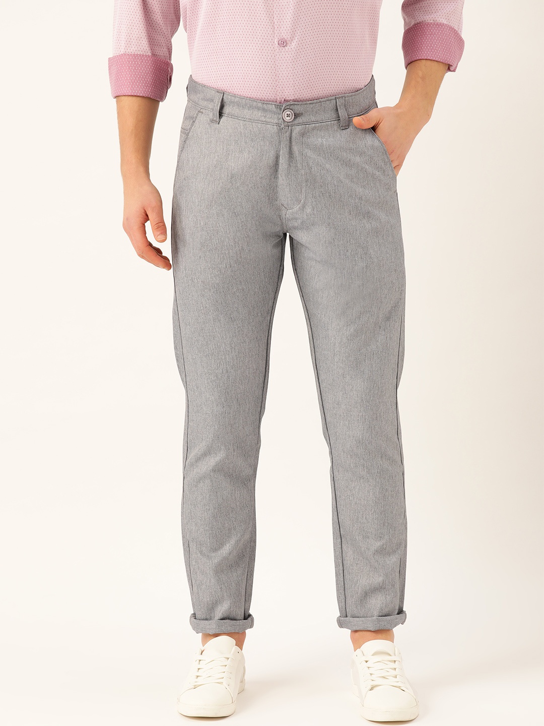 

SOJANYA Men Grey & Black Smart Fit Self Design Regular Trousers