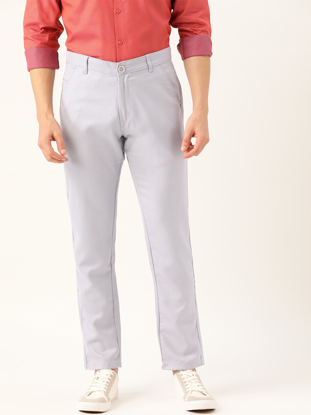 

SOJANYA Men Blue & Off-White Smart Fit Self Design Regular Trousers