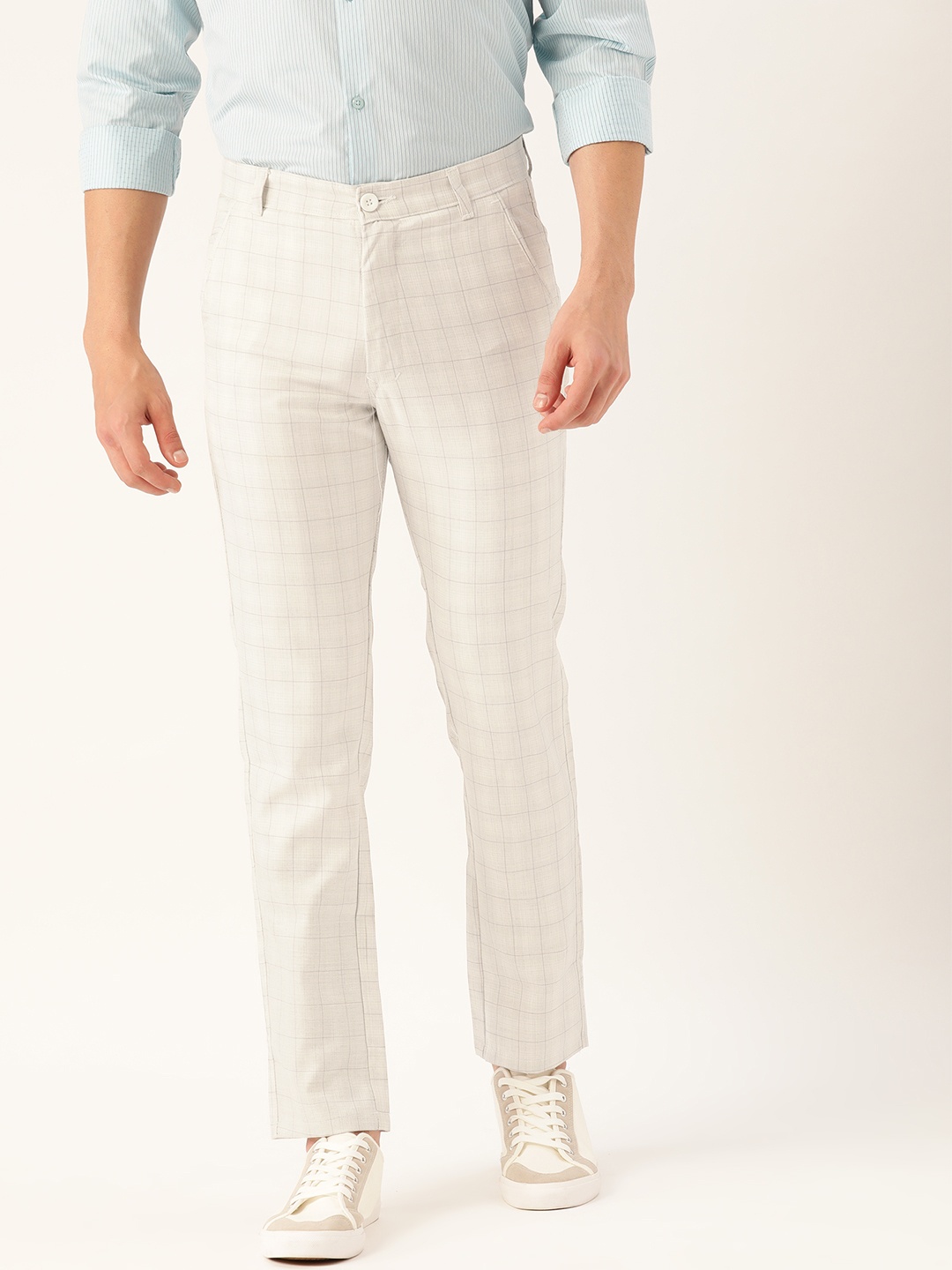 

SOJANYA Men Cream-Coloured & Grey Smart Regular Fit Checked Regular Trousers