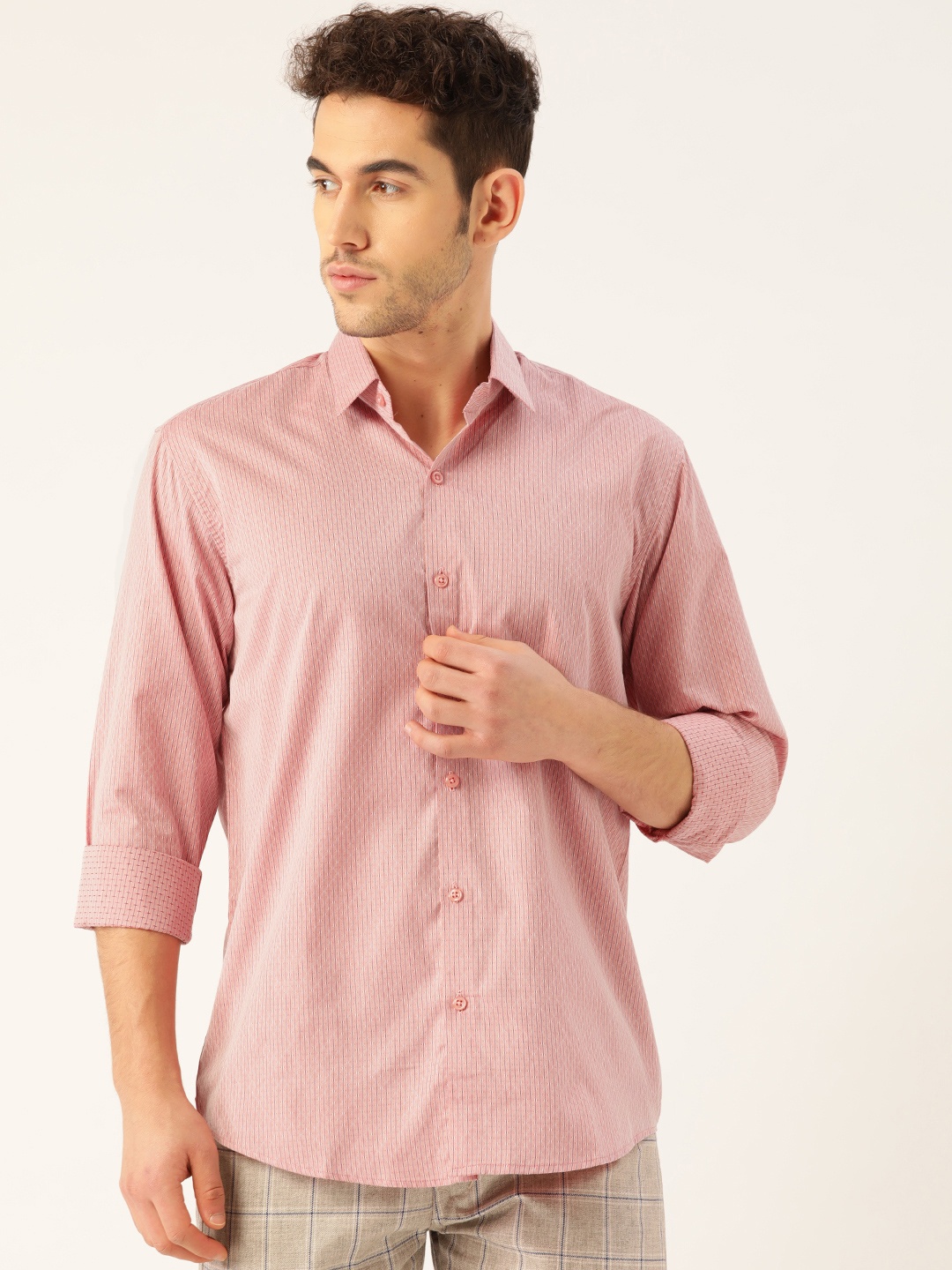 

SOJANYA Men Red & Navy Blue Cotton Classic Regular Fit Striped Casual Shirt