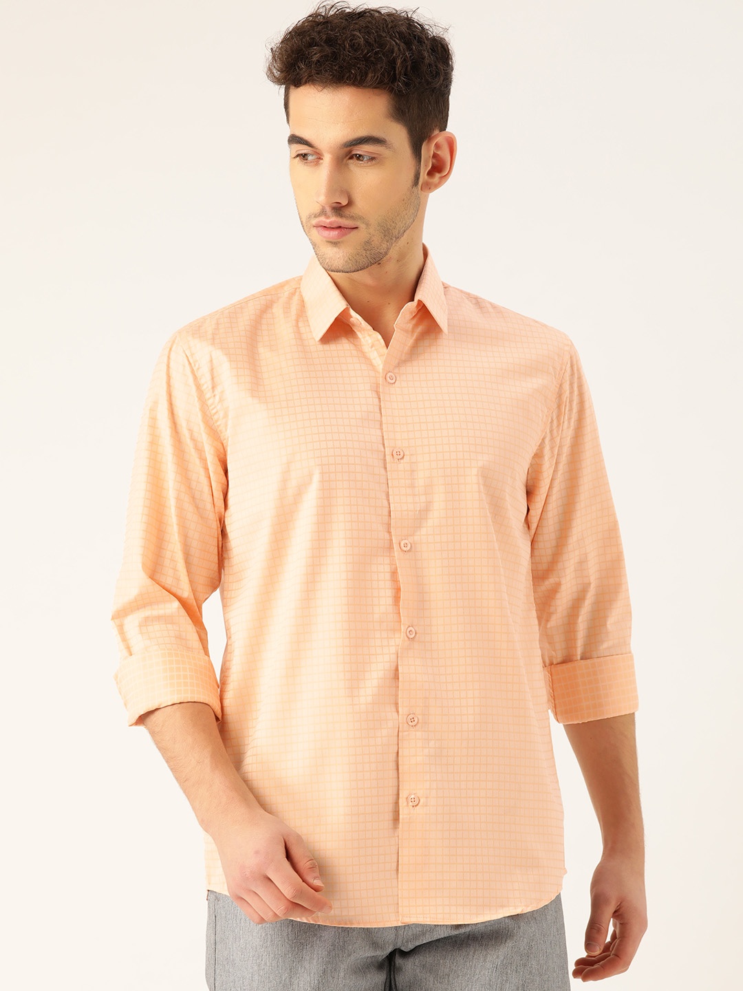

SOJANYA Men Peach-Coloured Classic Regular Fit Checked Casual Shirt