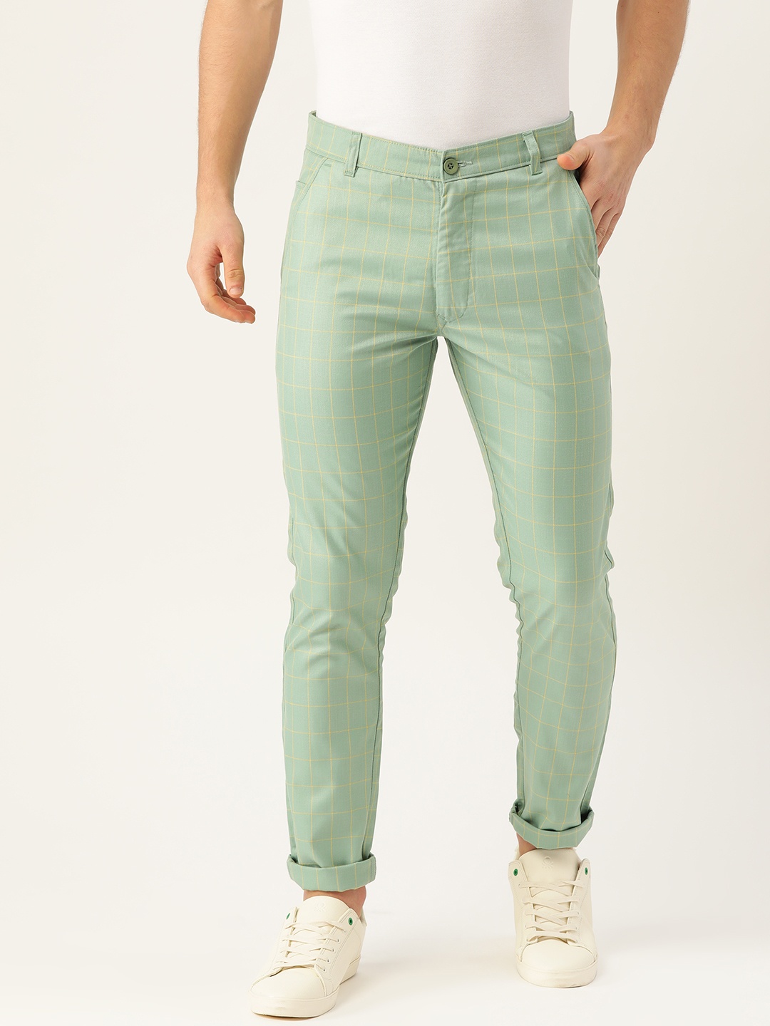 

SOJANYA Men Sea Green & Yellow Smart Fit Checked Regular Trousers