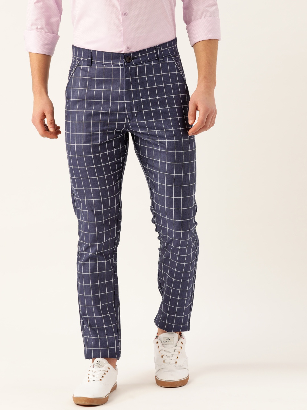 

SOJANYA Men Navy Blue & White Smart Regular Fit Checked Trousers