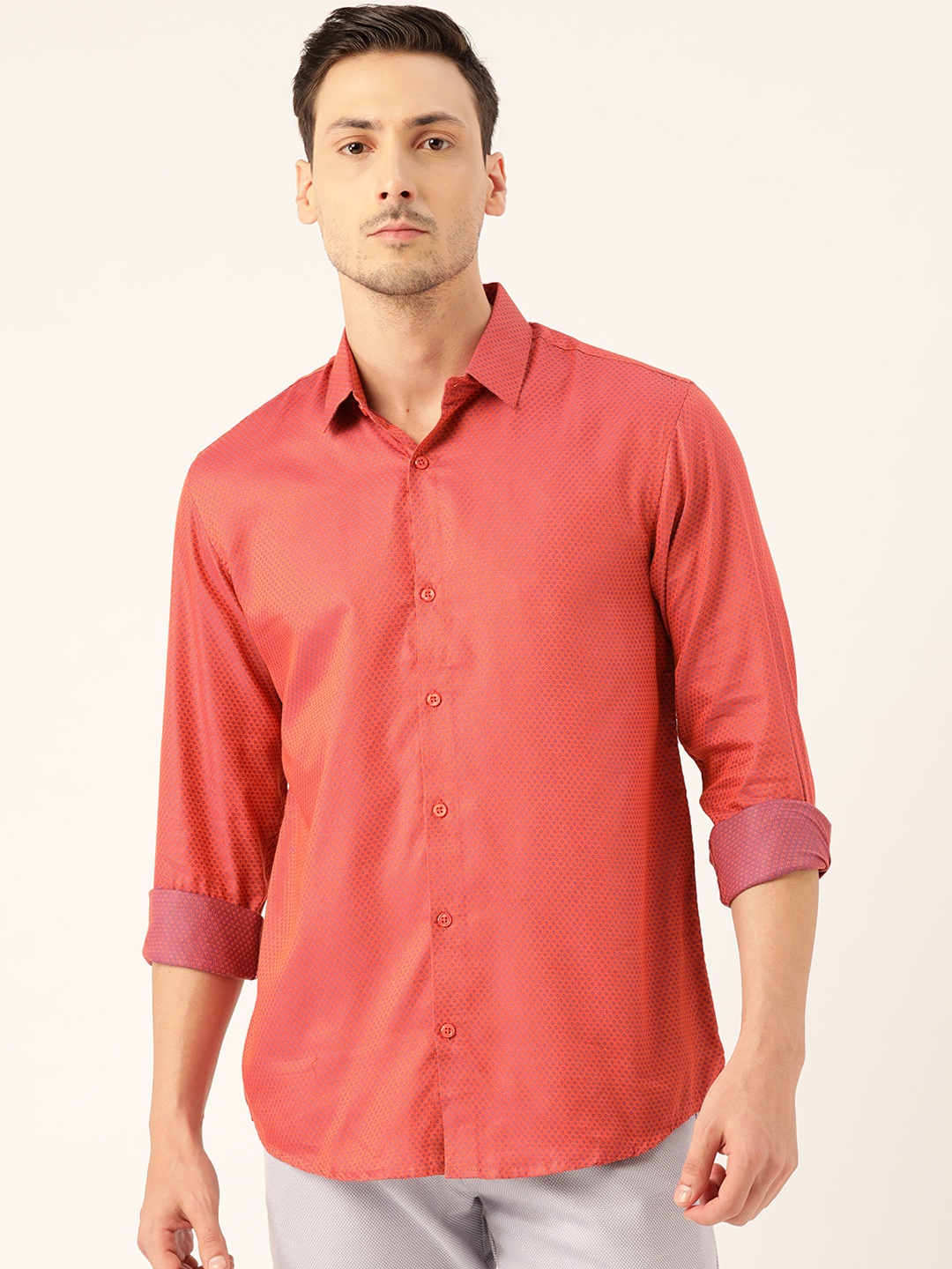 

SOJANYA Men Coral Orange & Blue Classic Regular Fit Self-Design Casual Shirt