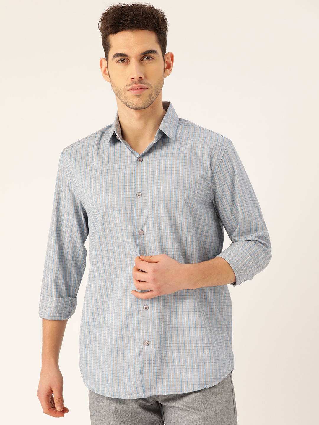 

SOJANYA Men Grey & Blue Regular Fit Checked Casual Shirt