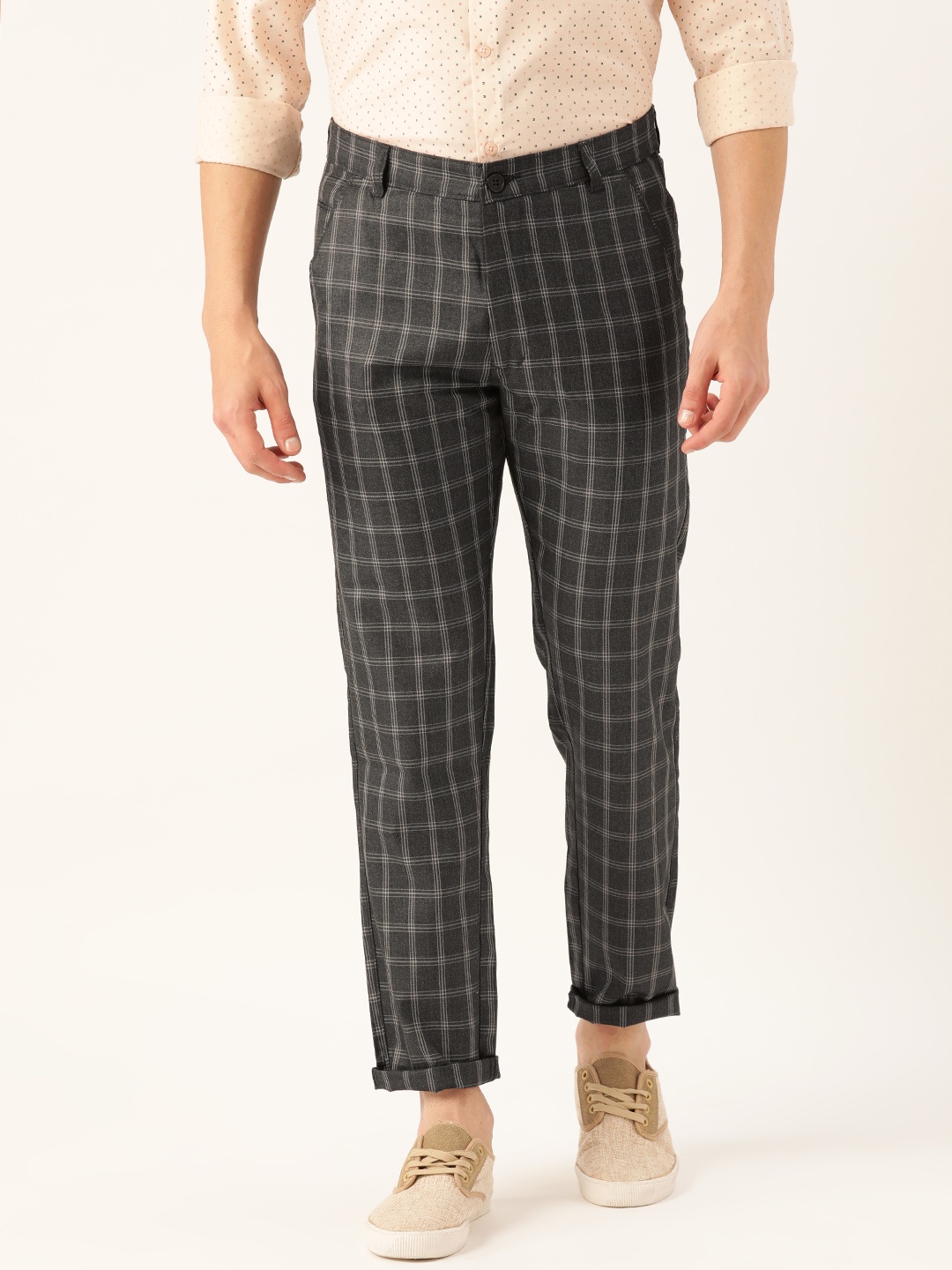 

SOJANYA Men Charcoal & Off-White Smart Regular Fit Checked Trousers