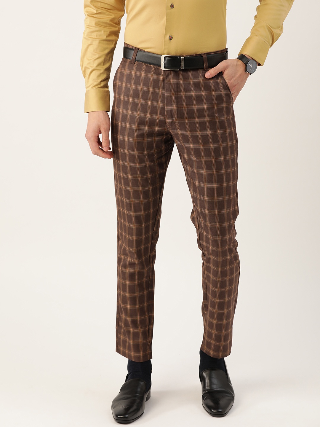 

SOJANYA Men Coffee Brown & Beige Smart Fit Checked Crop Trousers