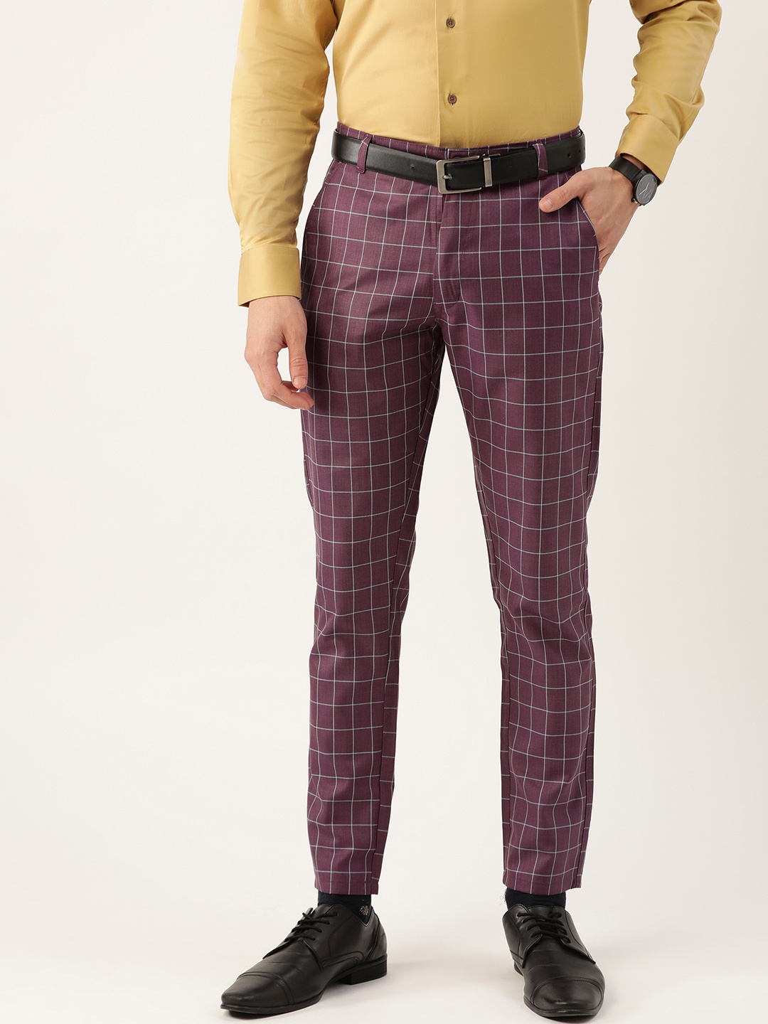 

SOJANYA Men Purple & Blue Checked Smart Regular Fit Regular Trousers