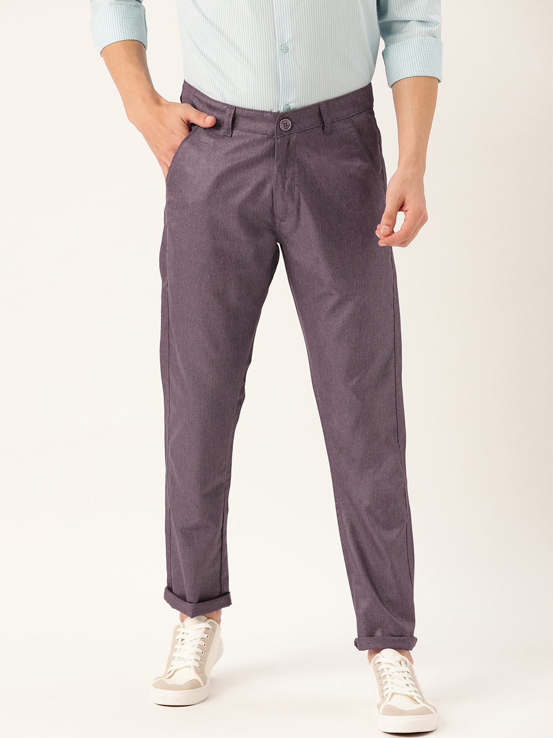 

SOJANYA Men Purple & Black Smart Regular Fit Solid Regular Trousers