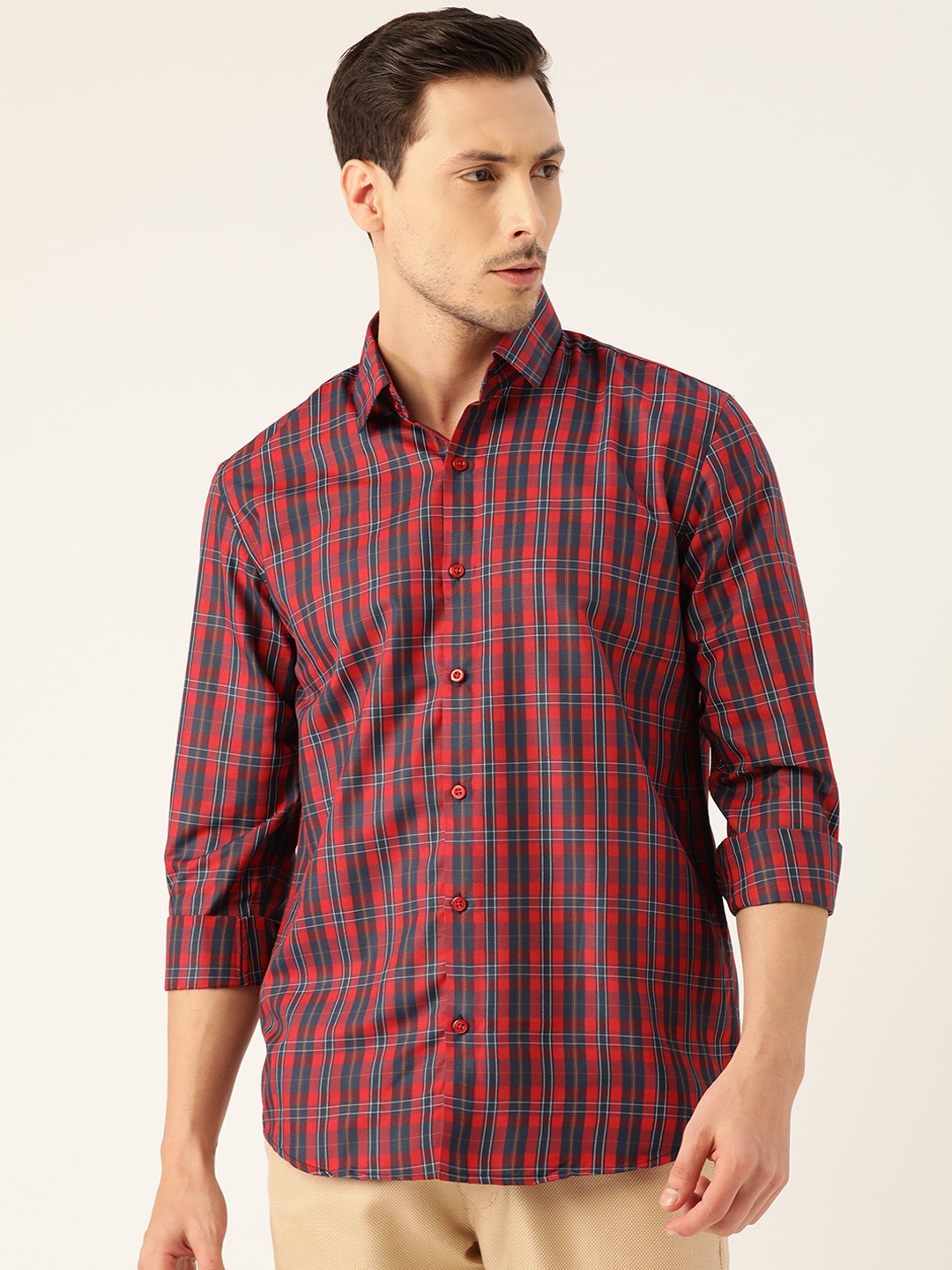 

SOJANYA Men Red & Navy Blue Classic Regular Fit Checked Casual Shirt