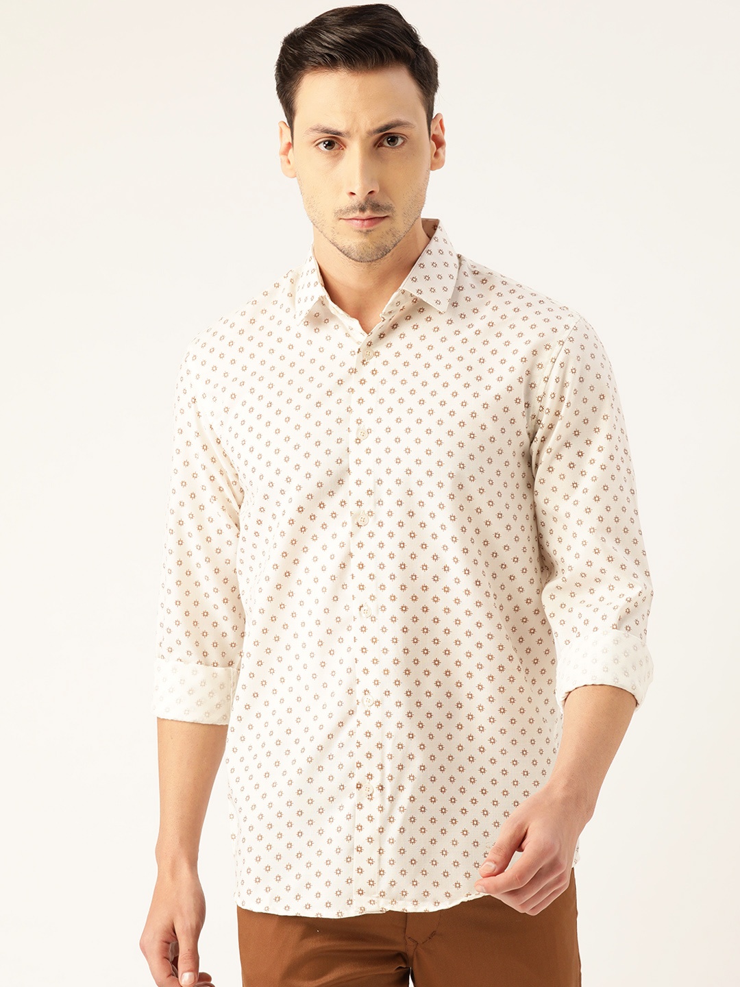 

SOJANYA Men Cream-Coloured & Brown Classic Regular Fit Printed Casual Shirt