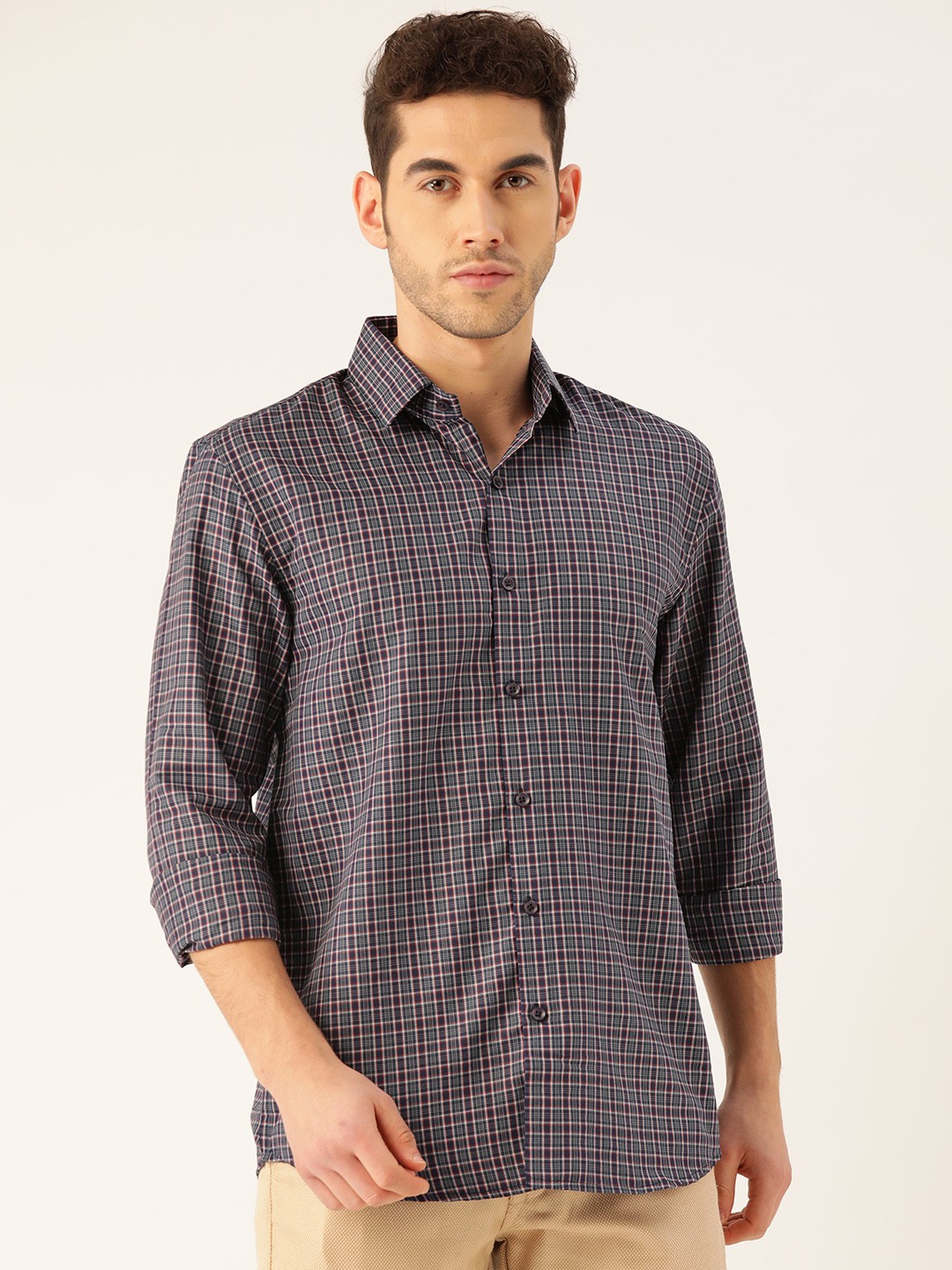

SOJANYA Men Navy Blue & White Classic Regular Fit Checked Casual Shirt