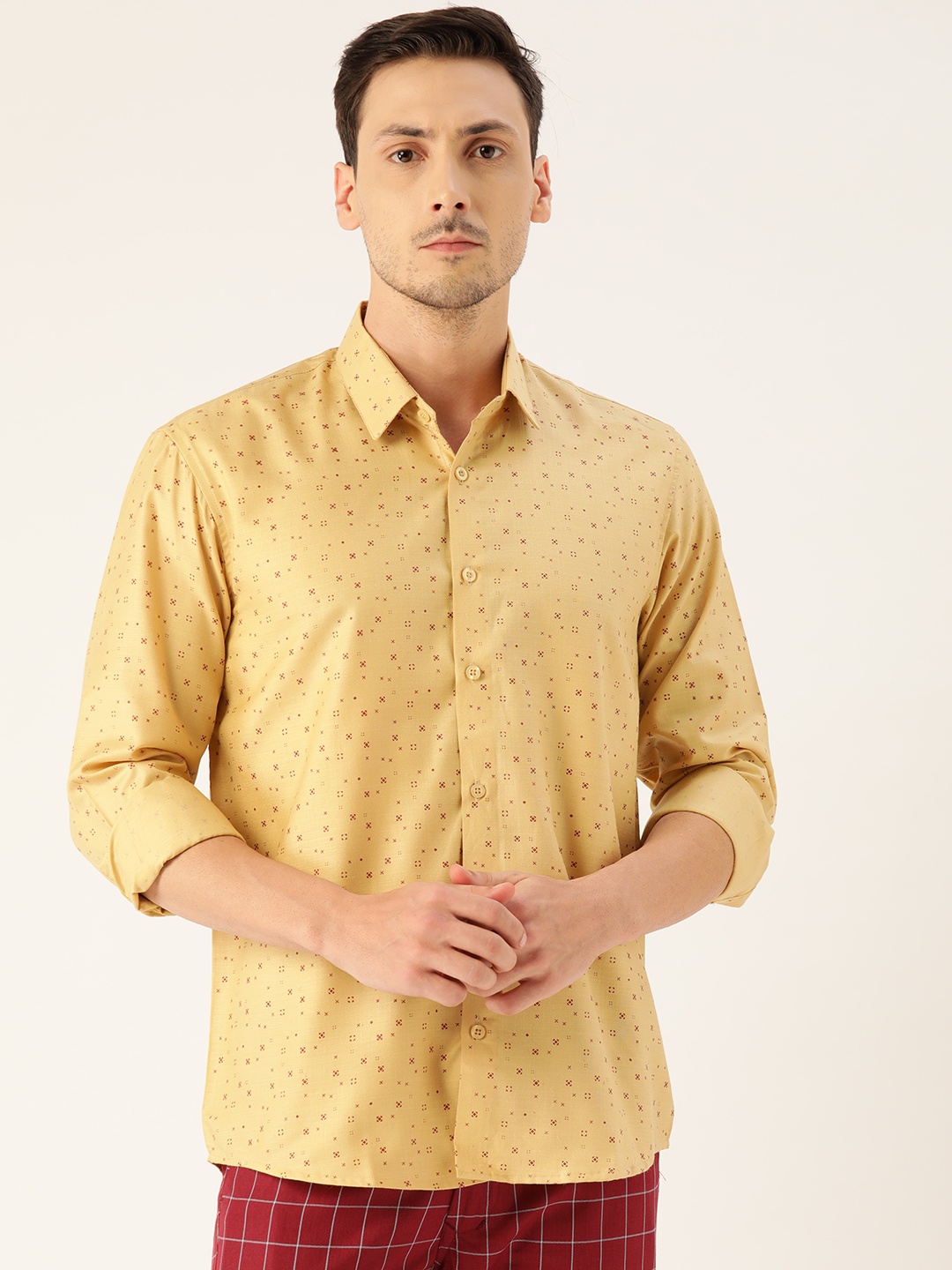 

SOJANYA Men Mustard Yellow & Rust Brown Classic Regular Fit Printed Casual Shirt