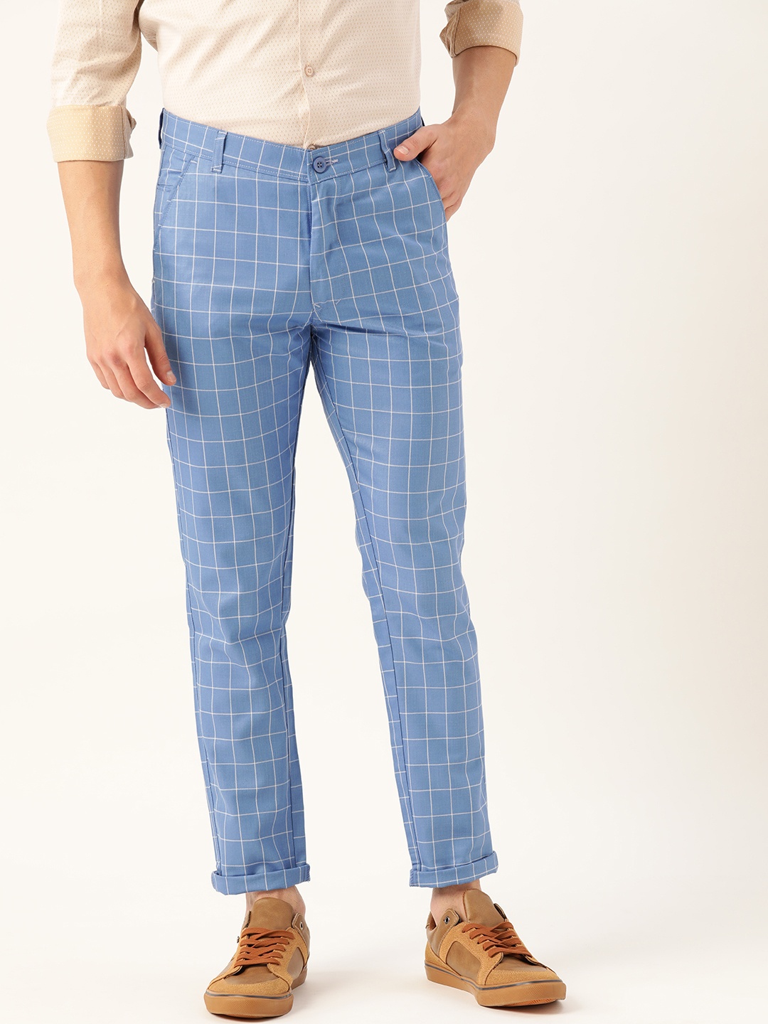 

SOJANYA Men Blue & Off-White Smart Regular Fit Checked Chinos