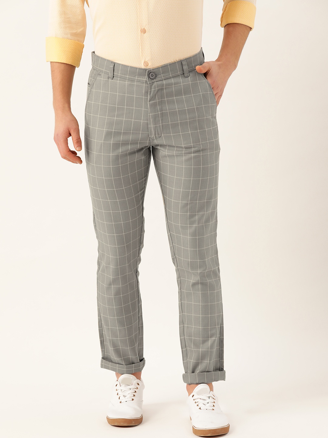 

SOJANYA Men Grey & Yellow Smart Regular Fit Checked Trousers