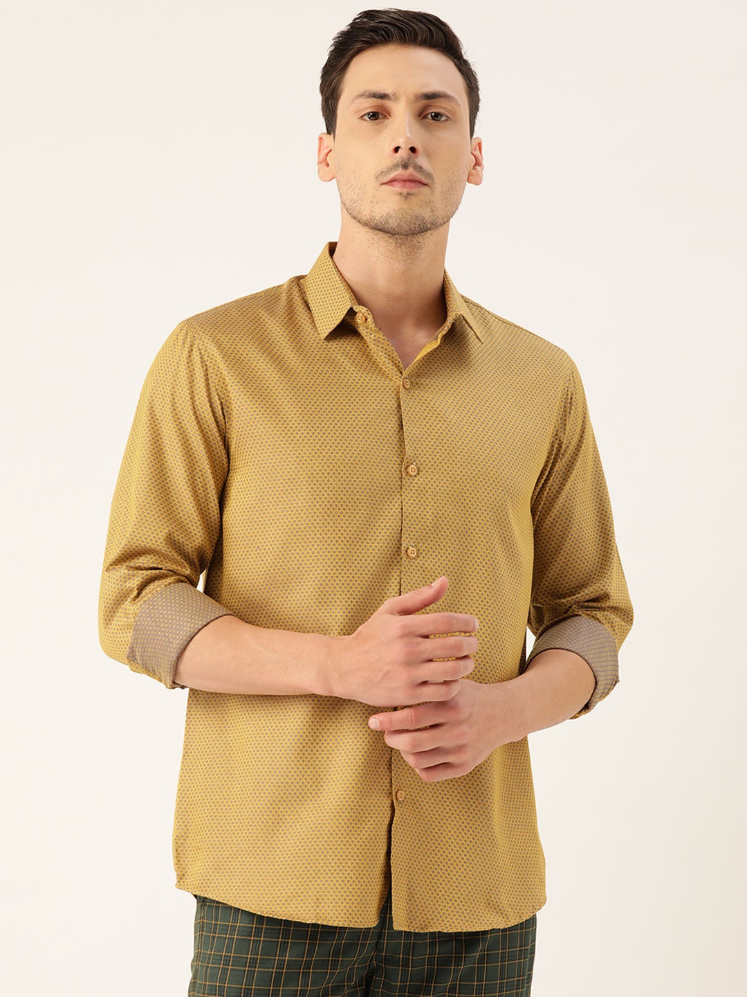 

SOJANYA Men Mustard Yellow & Blue Regular Fit Self Design Casual Shirt