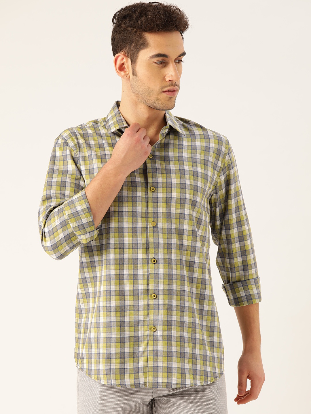 

SOJANYA Men Lime Green & White Classic Regular Fit Checked Casual Shirt