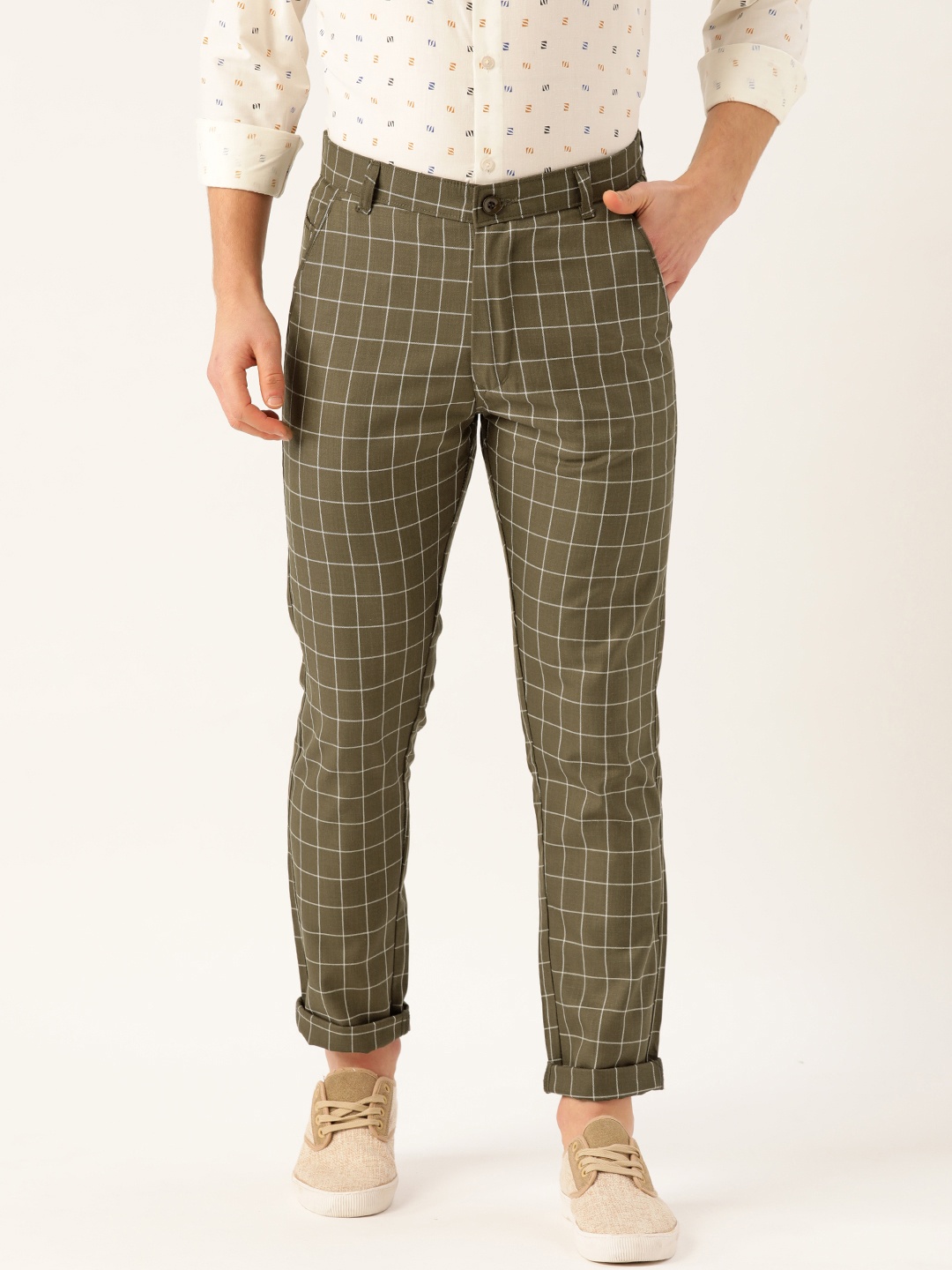 

SOJANYA Men Olive Green & Off-White Smart Regular Fit Checked Chinos