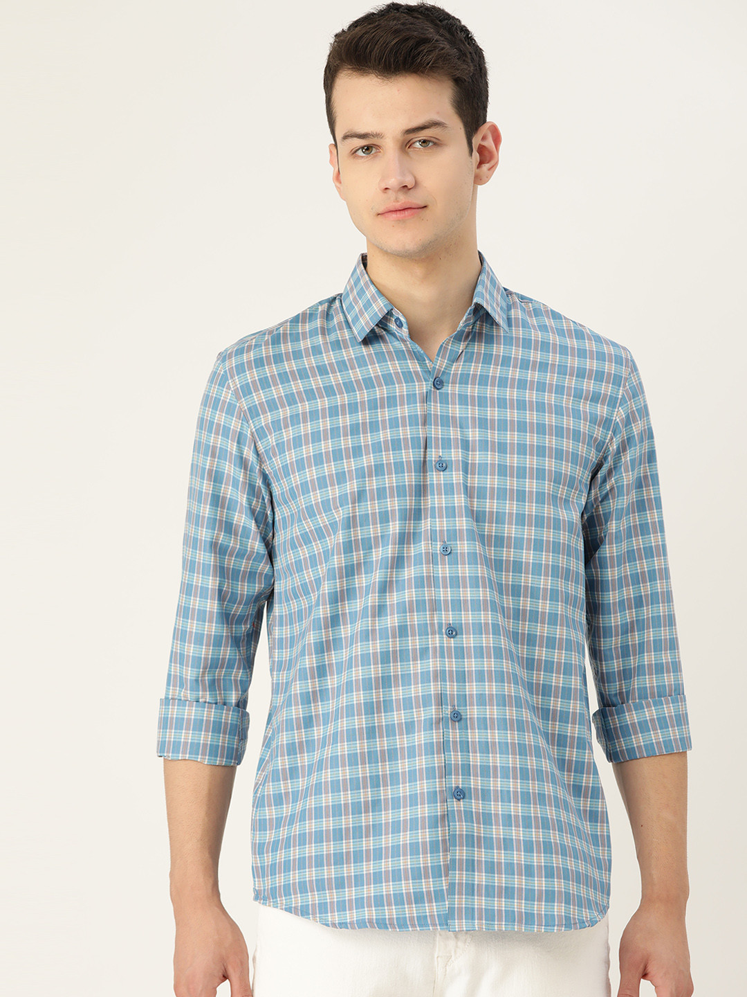 

SOJANYA Men Blue & Off-White Regular Fit Checked Casual Shirt