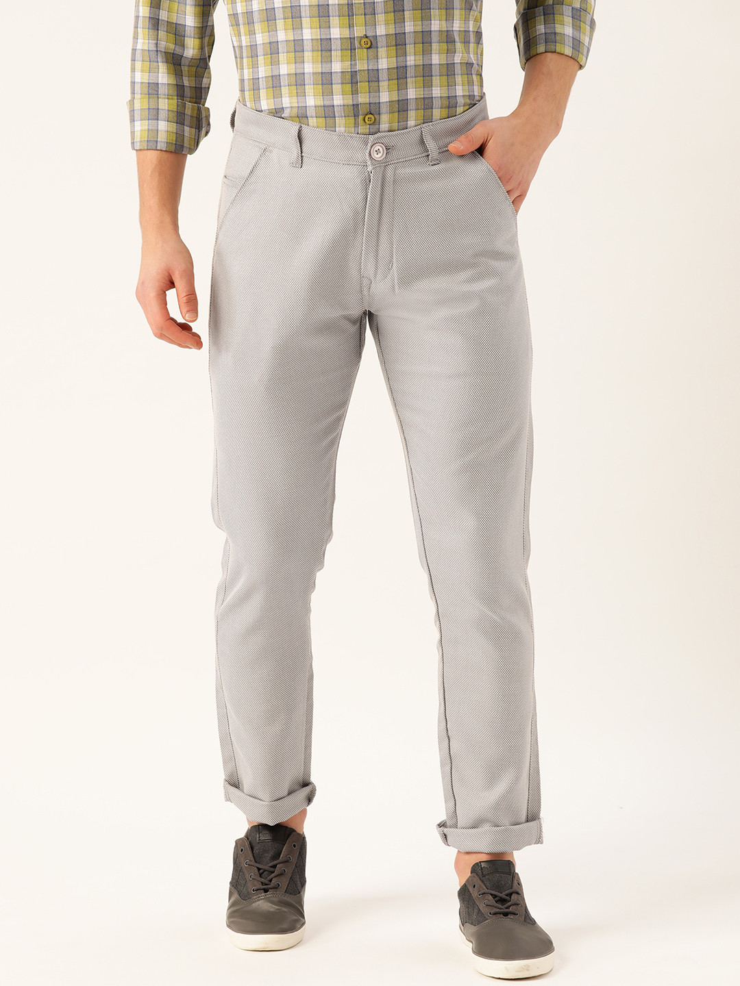 

SOJANYA Men Grey & Off-White Smart Regular Fit Self Design Regular Trousers