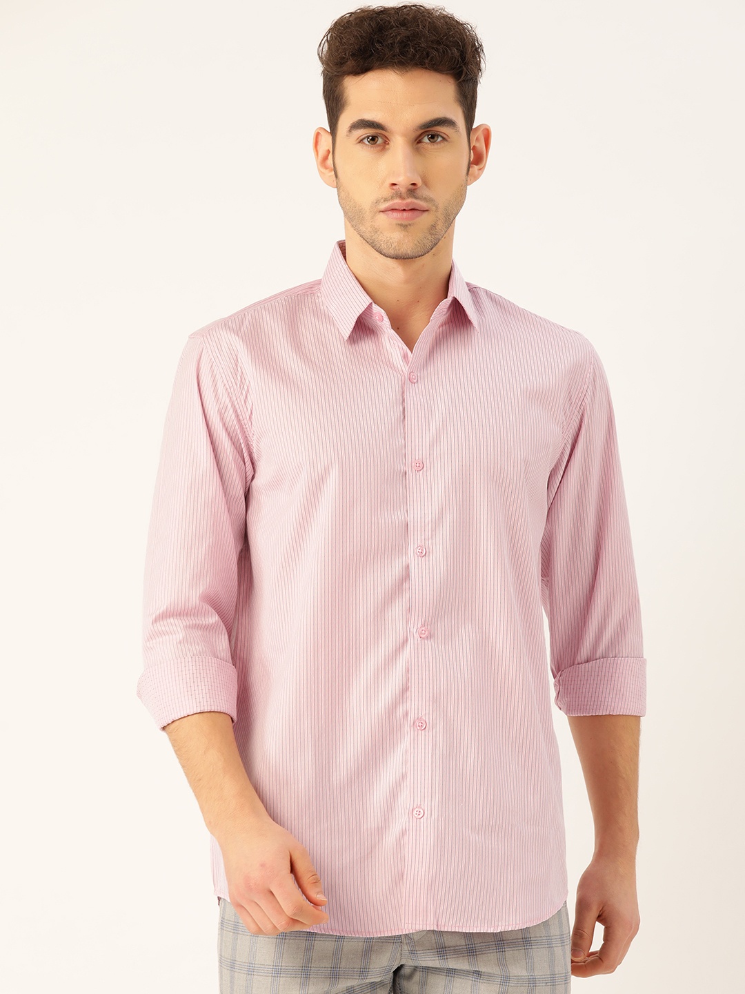 

SOJANYA Men Pink & Navy Blue Classic Regular Fit Striped Casual Shirt