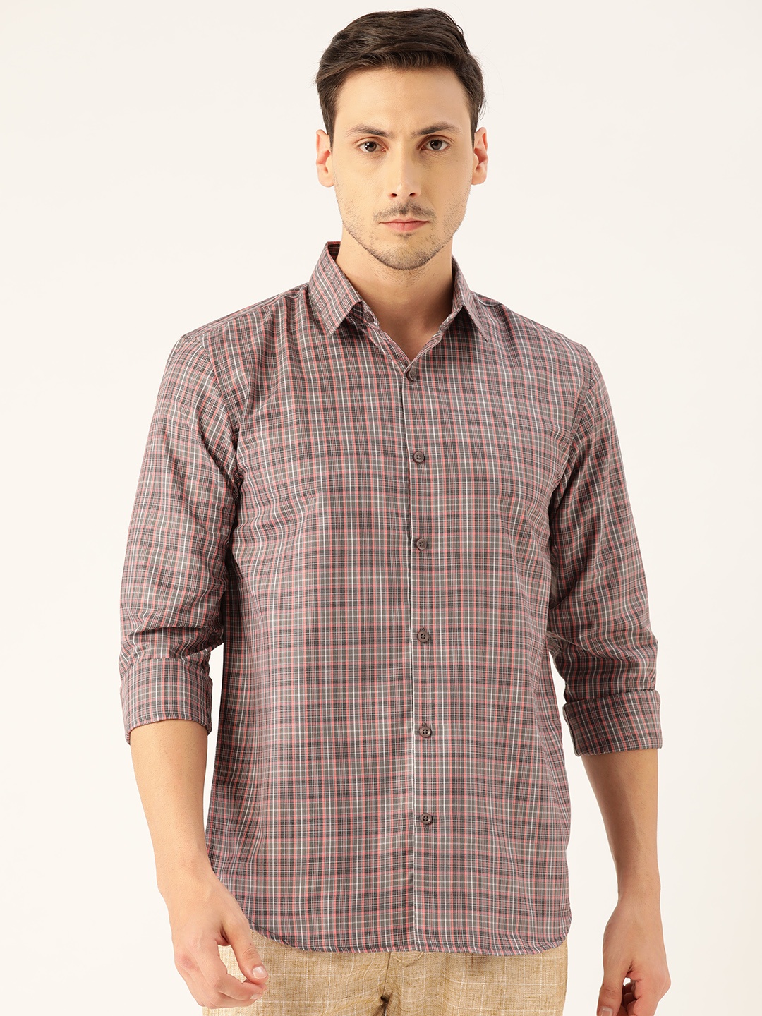 SOJANYA Men Charcoal Grey & Pink Classic Regular Fit Checked Casual Shirt