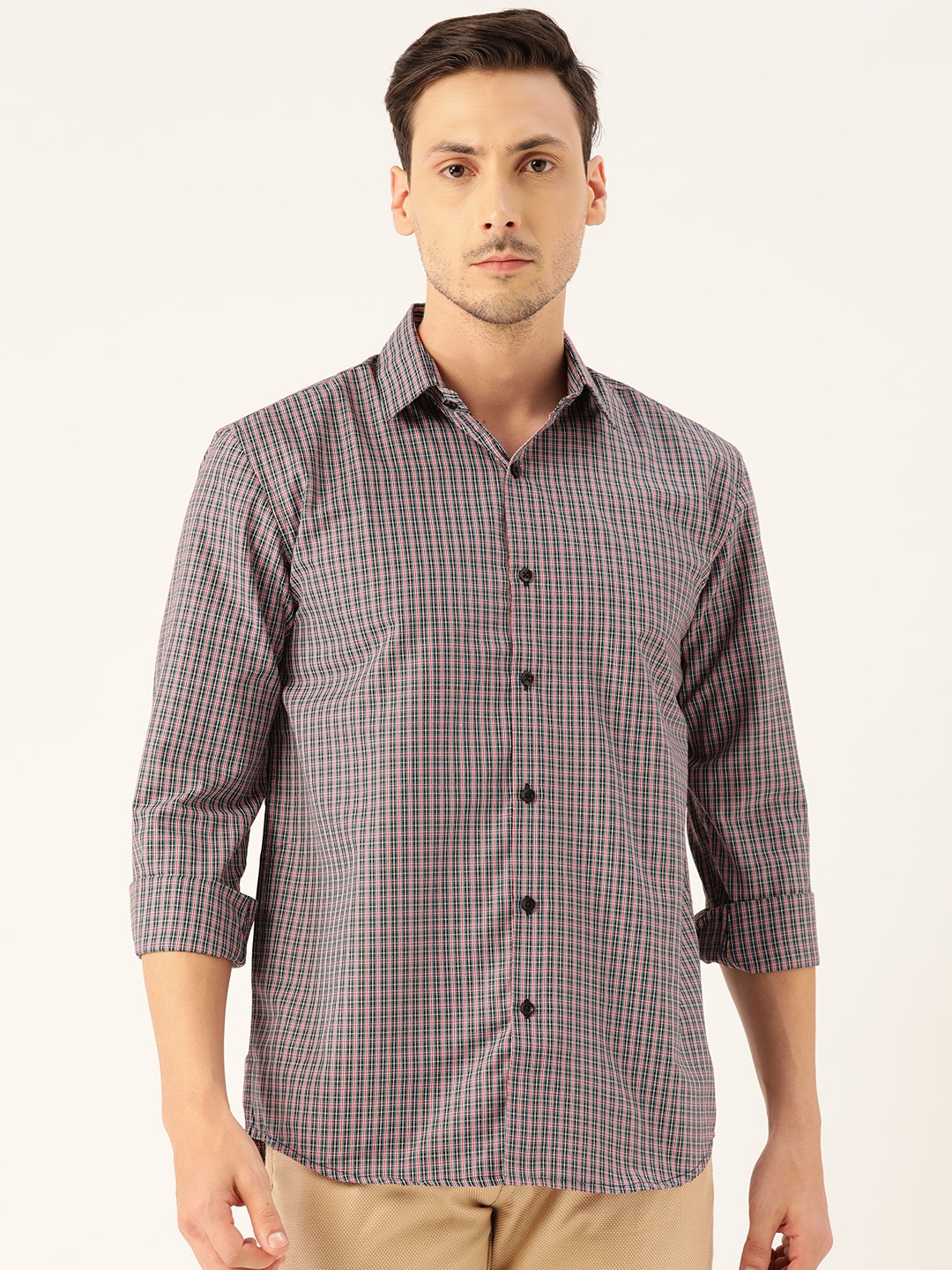 

SOJANYA Men Charcoal Grey & Red Classic Regular Fit Checked Casual Shirt