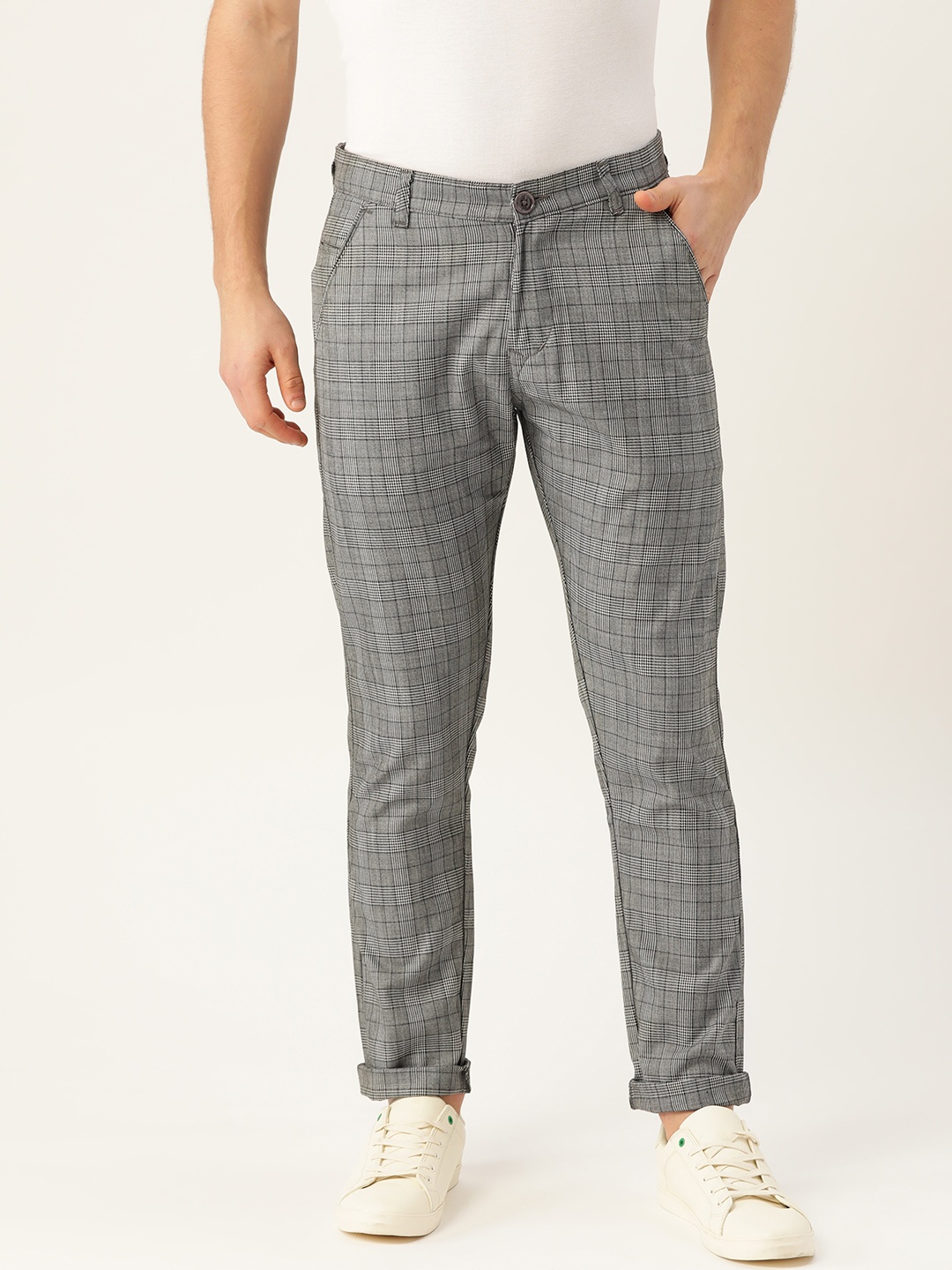 

SOJANYA Men Grey & Black Smart Regular Fit Checked Trousers