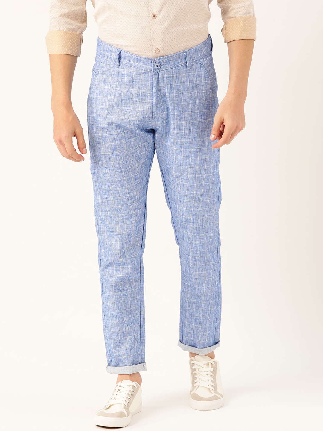 

SOJANYA Men Blue & Off-White Smart Regular Fit Checked Trousers