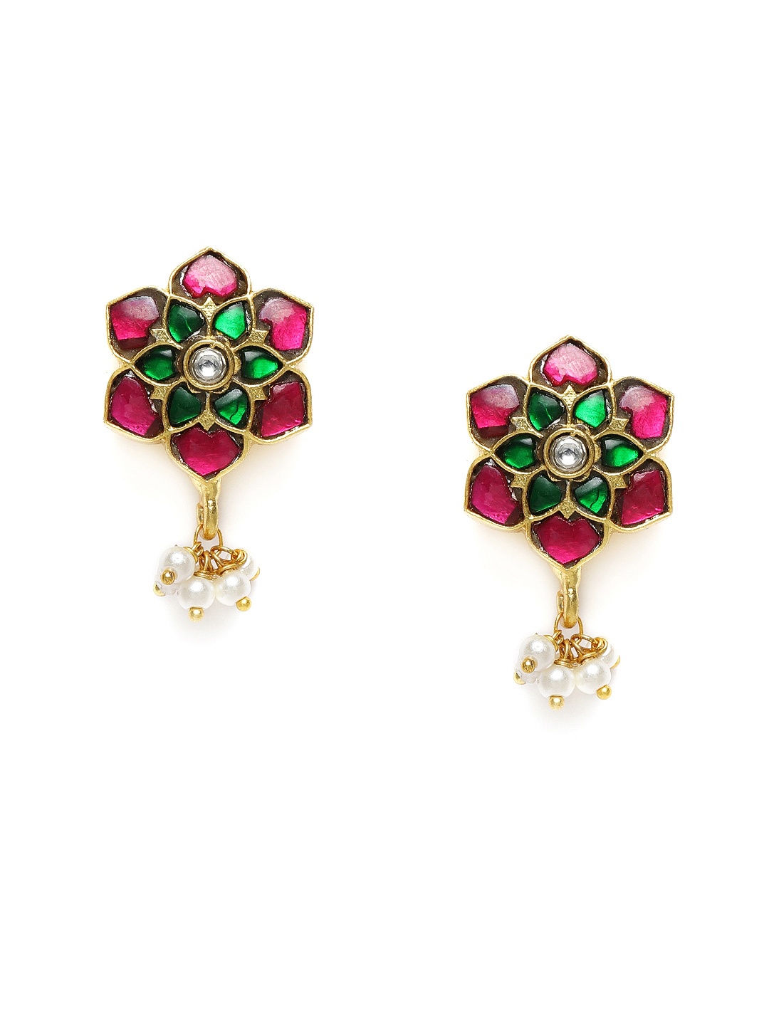 

AccessHer Gold-Plated Pink & Green Beaded Jadau Floral Studs