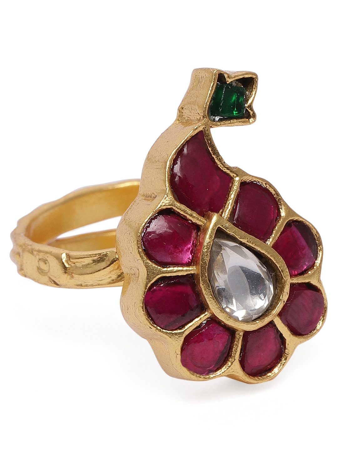

AccessHer Women Gold Plated & Pink Handcrafted Jadau Kundan Adjustable Finger Ring