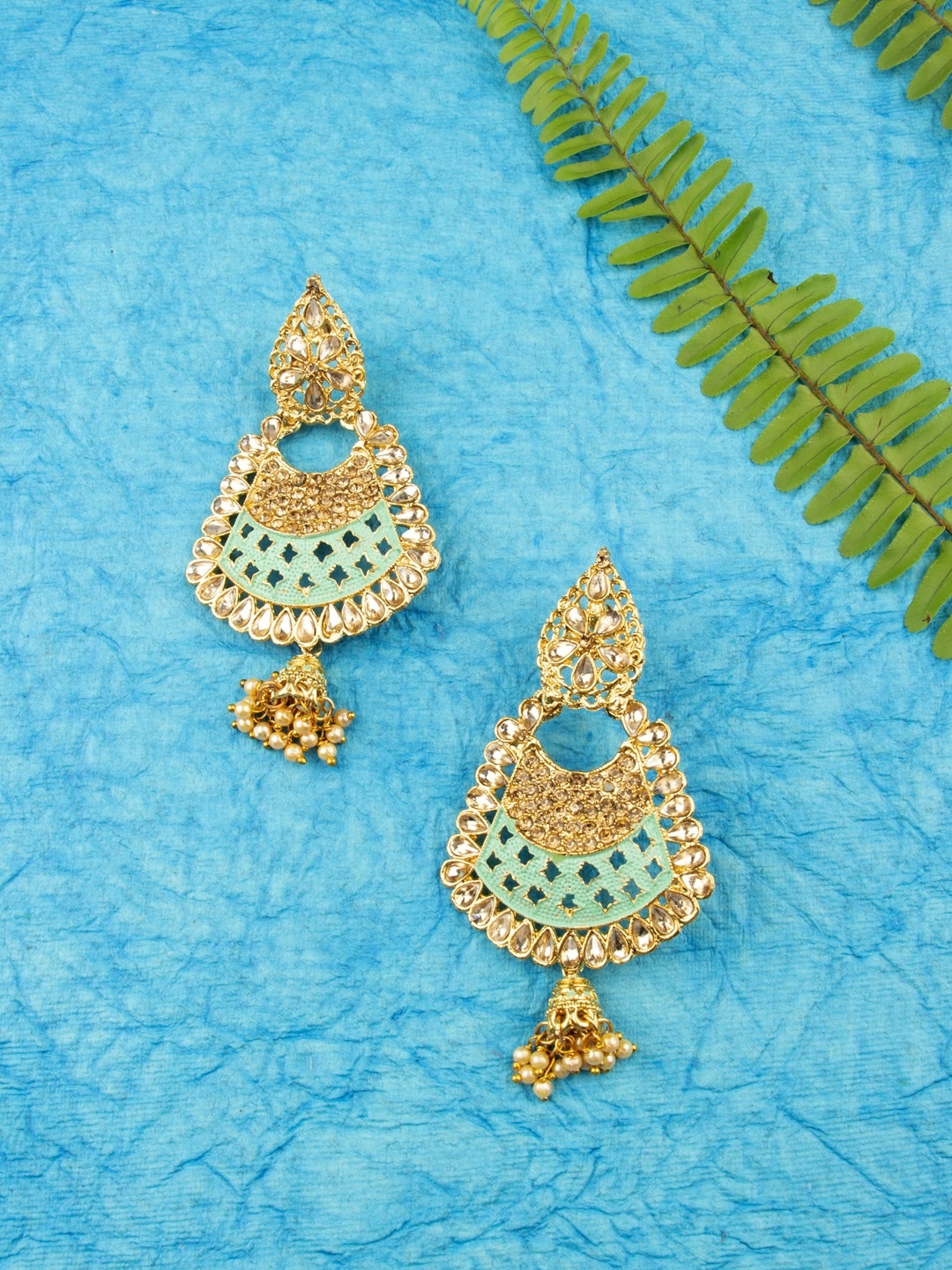 

AccessHer Green & Gold-Toned Brass-Plated Enamelled Kundan Studded Classic Drop Earrings