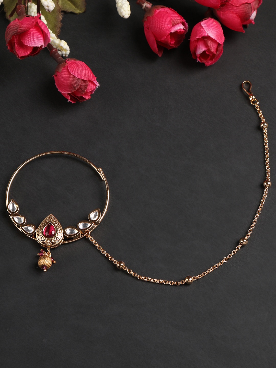 

AccessHer Gold Plated Polki Nose Ring With Chain