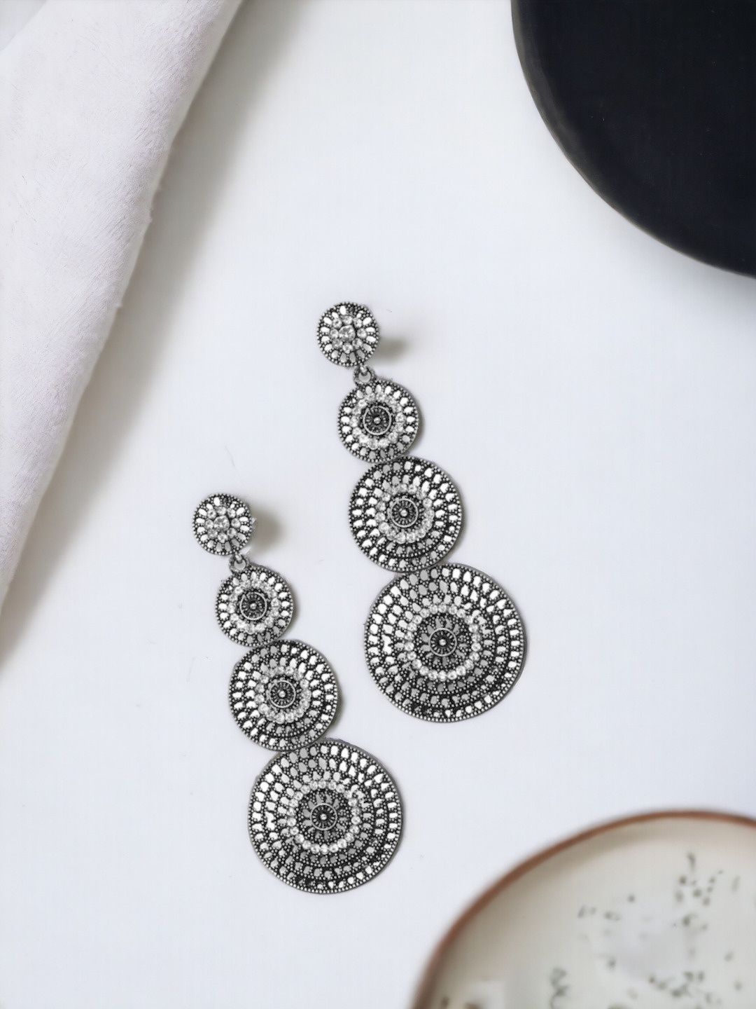 

AccessHer Oxidized Silver-Plated Lightweight Studded Filigree Classic Drop Earrings