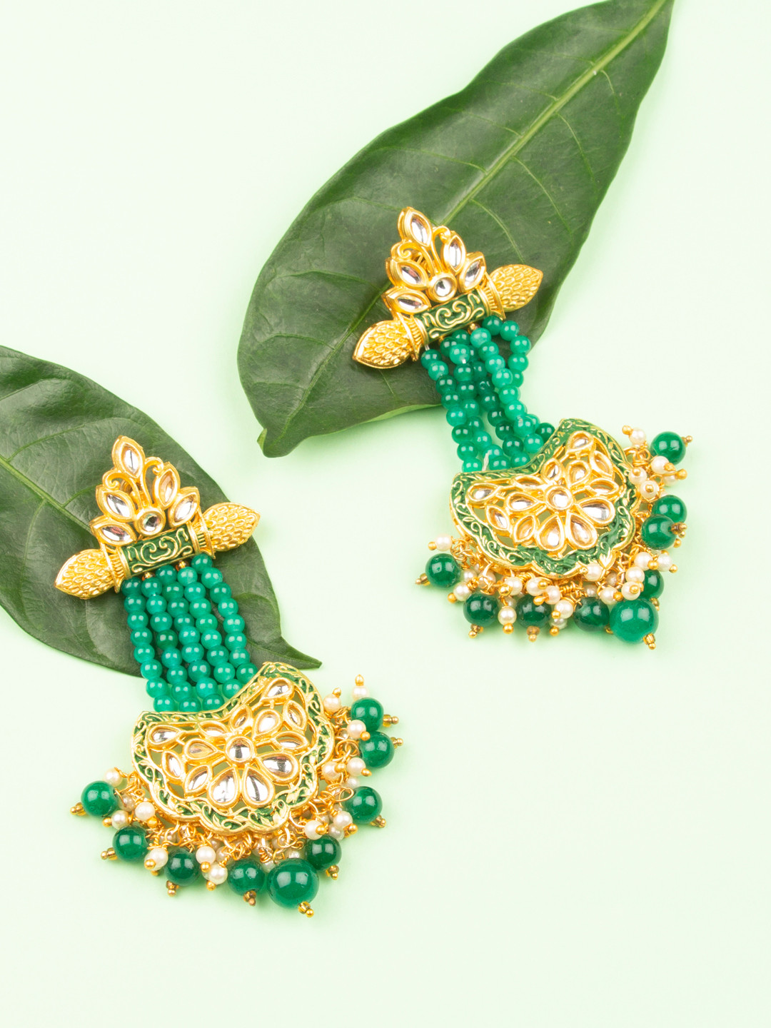 

AccessHer Gold-Plated Green Enamelled Kundan Studded Classic Drop Earrings
