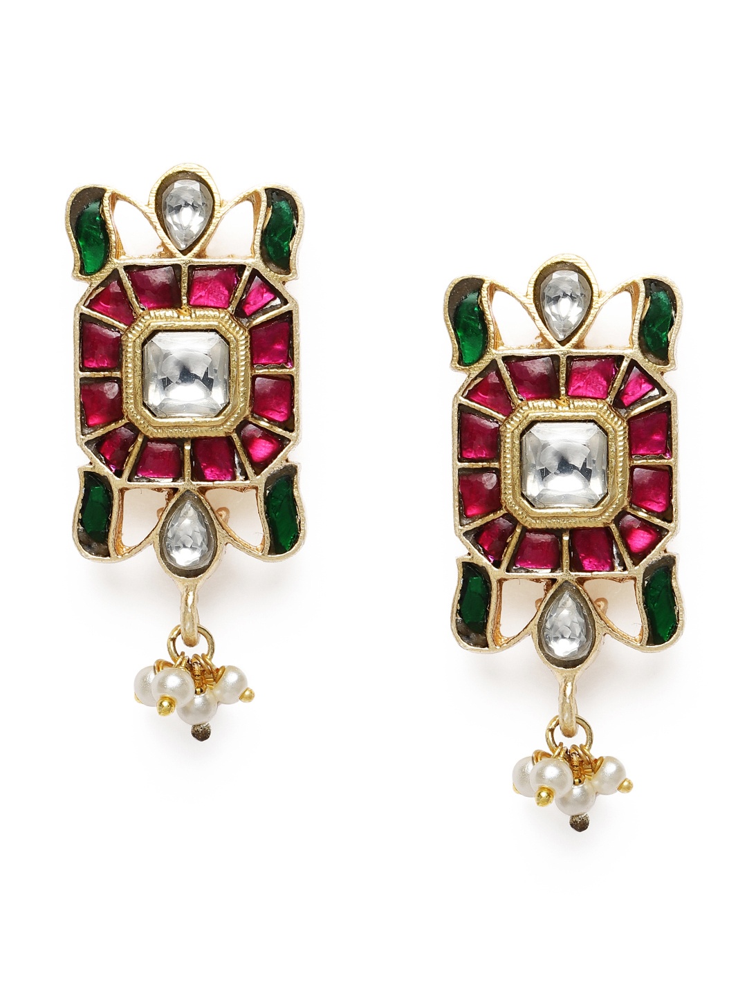 

AccessHer Gold-Plated Pink & Green Kundan Studded Jadau Geometric Studs