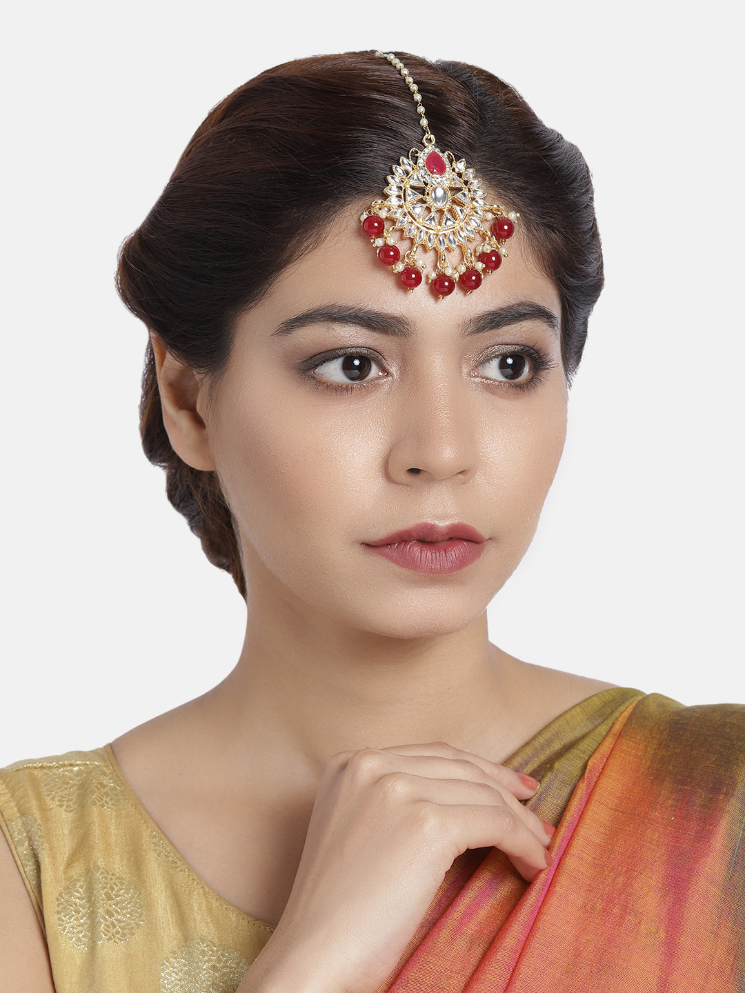 

AccessHer Gold Plated & Red Handcrafted Kundan Studded Maang Tika