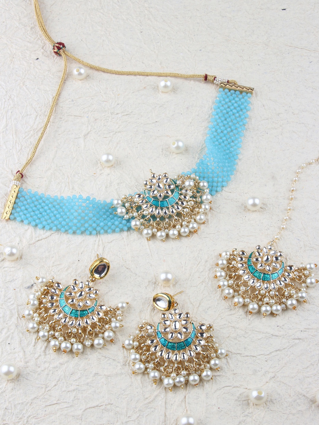 

AccessHer Brass-Plated Blue & White Kundan Studded Enamelled Choker Jewellery Set