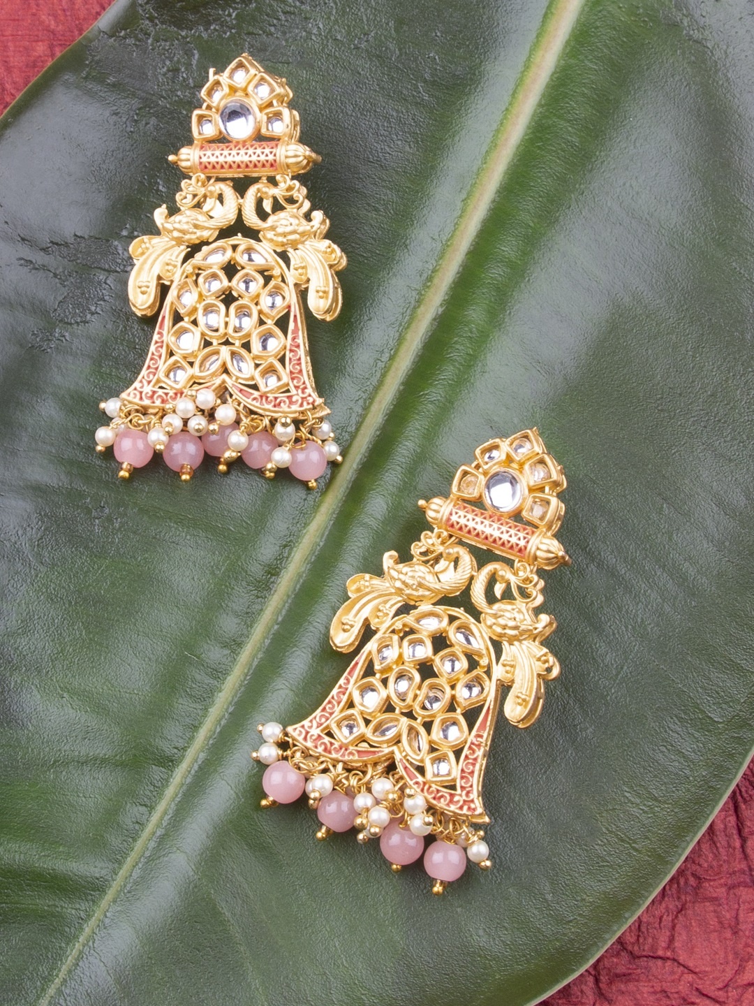 

AccessHer Peach-Coloured Gold-Plated Lightweight Enamelled Kundan Classic Drop Earrings