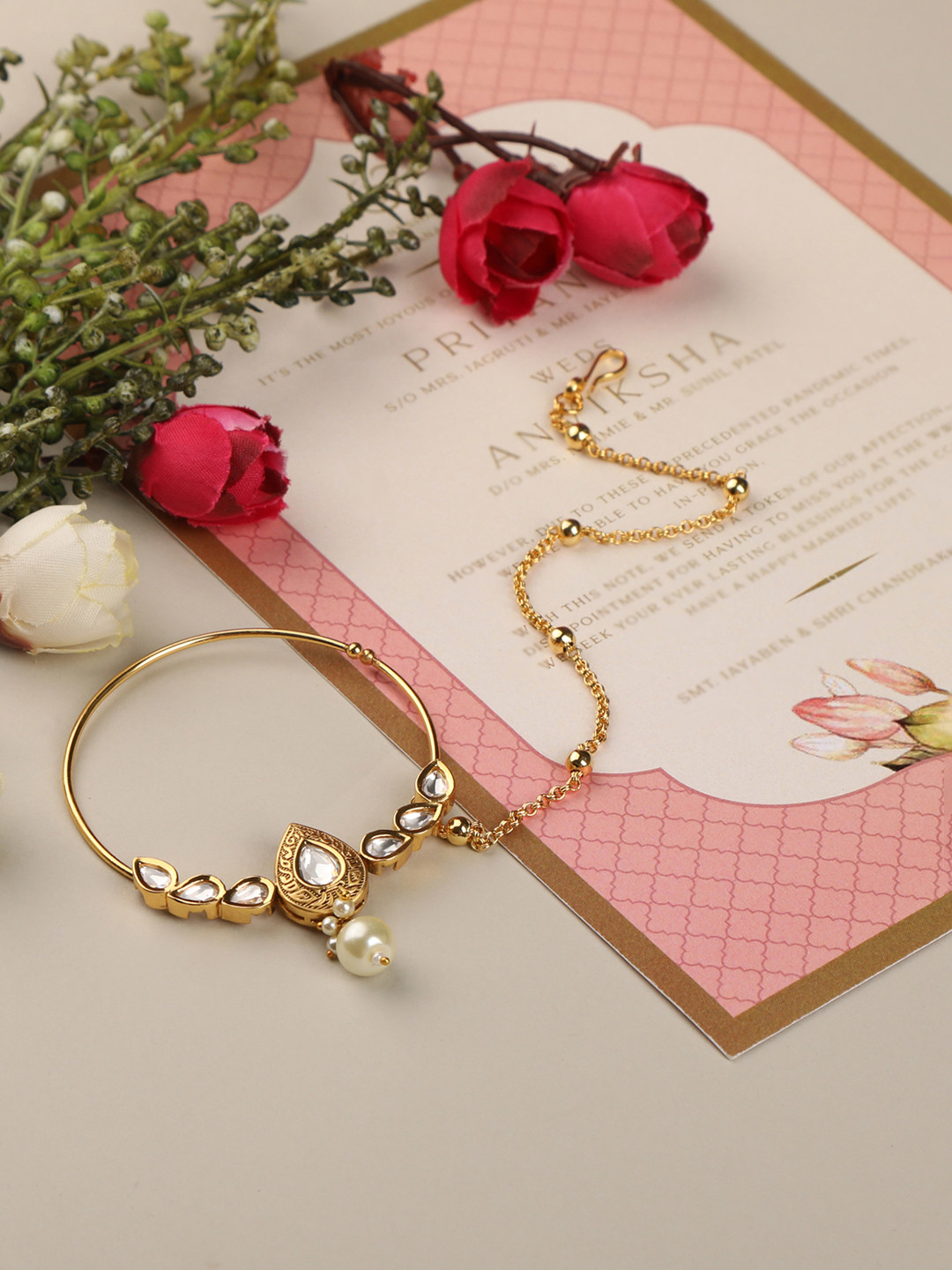 

AccessHer Gold Plated Polki Nose Ring With Chain