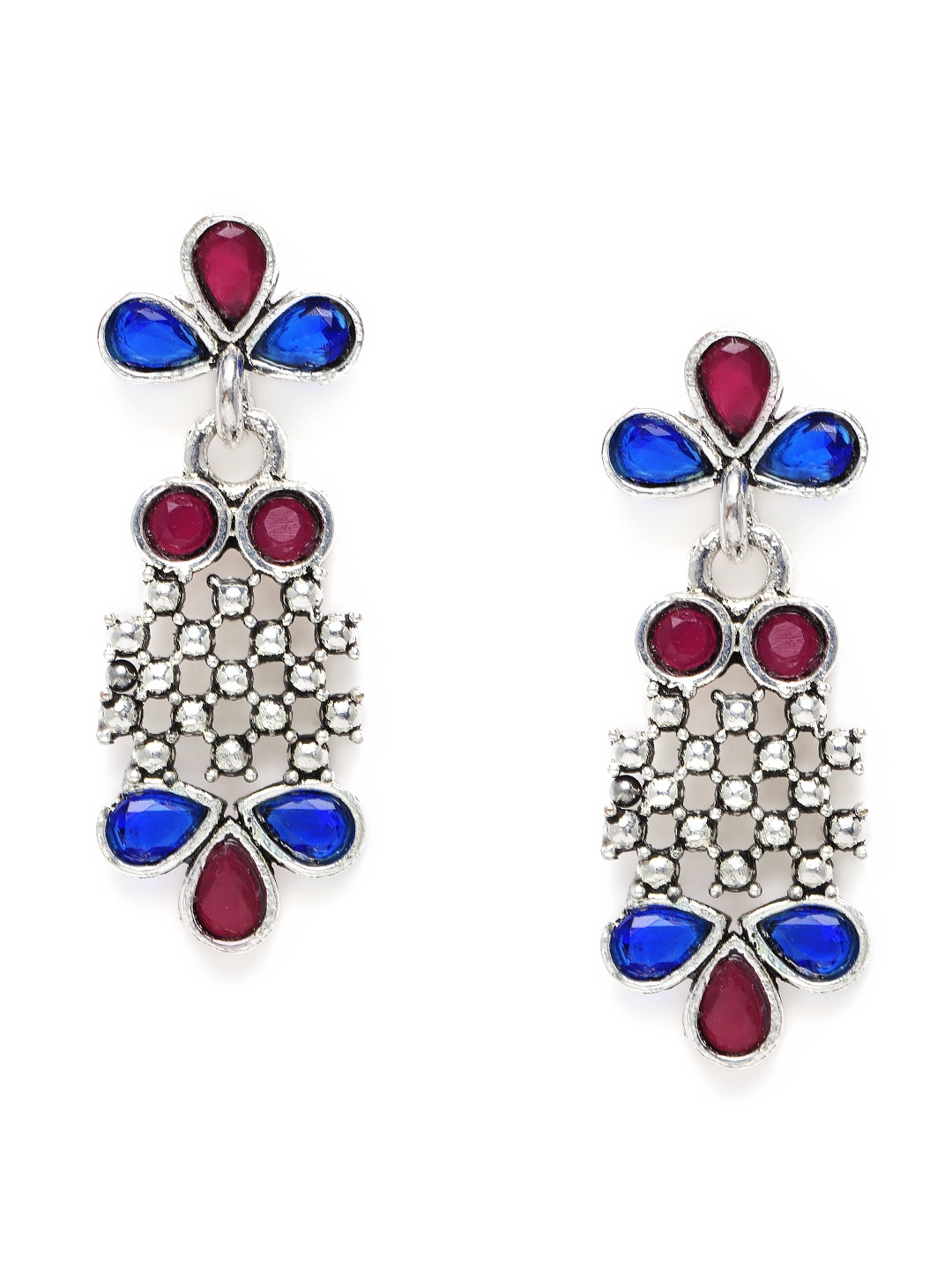 

AccessHer Red & Blue Oxidized Silver-Plated Studded Classic Drop Earrings