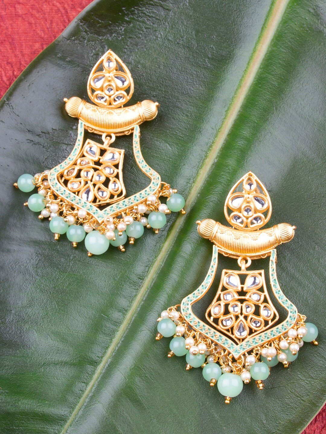 

AccessHer Green Gold-Plated Lightweight Enamelled Kundan Classic Drop Earrings