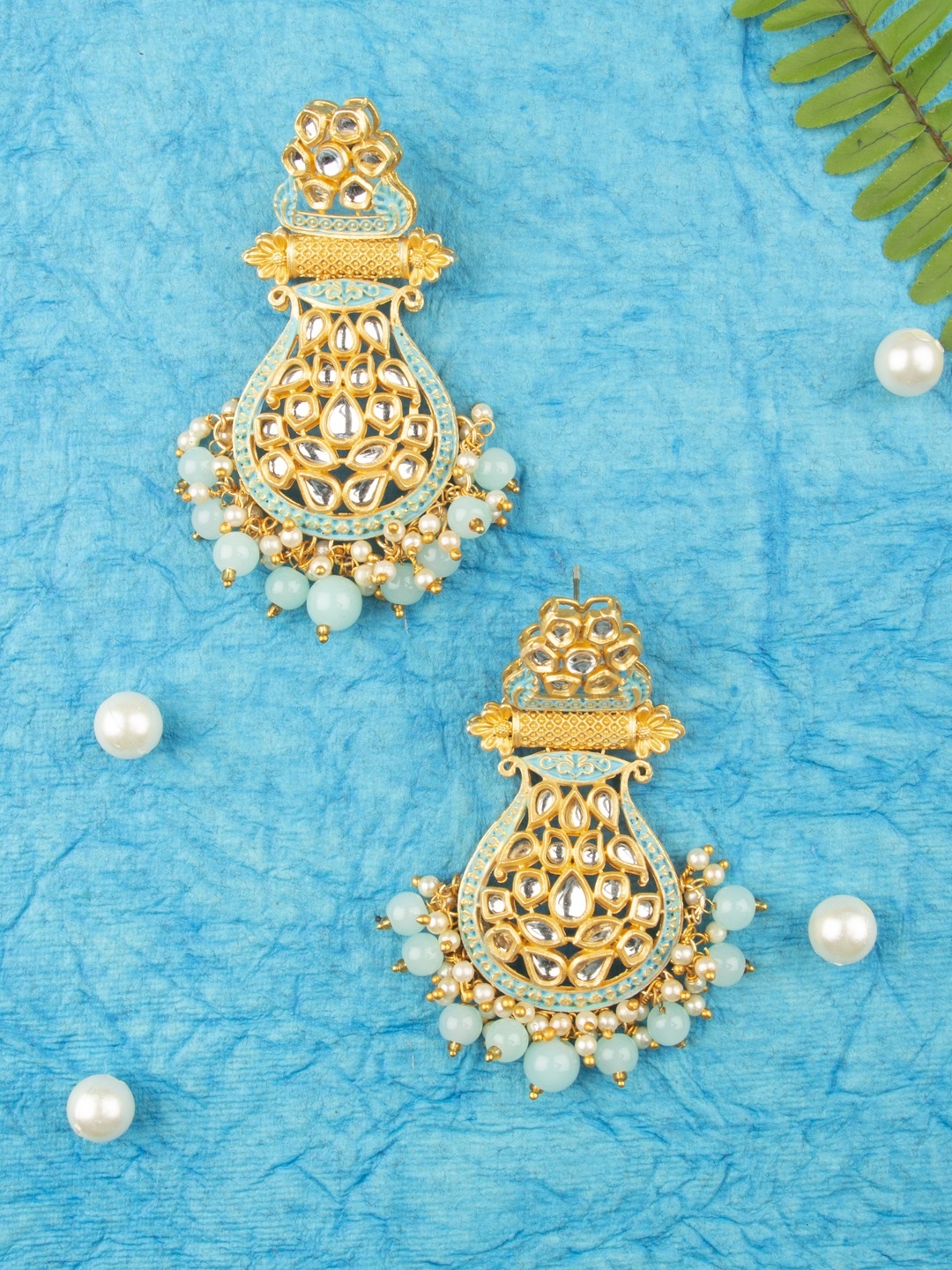 

AccessHer Blue Gold-Plated Lightweight Enamelled Kundan Classic Drop Earrings