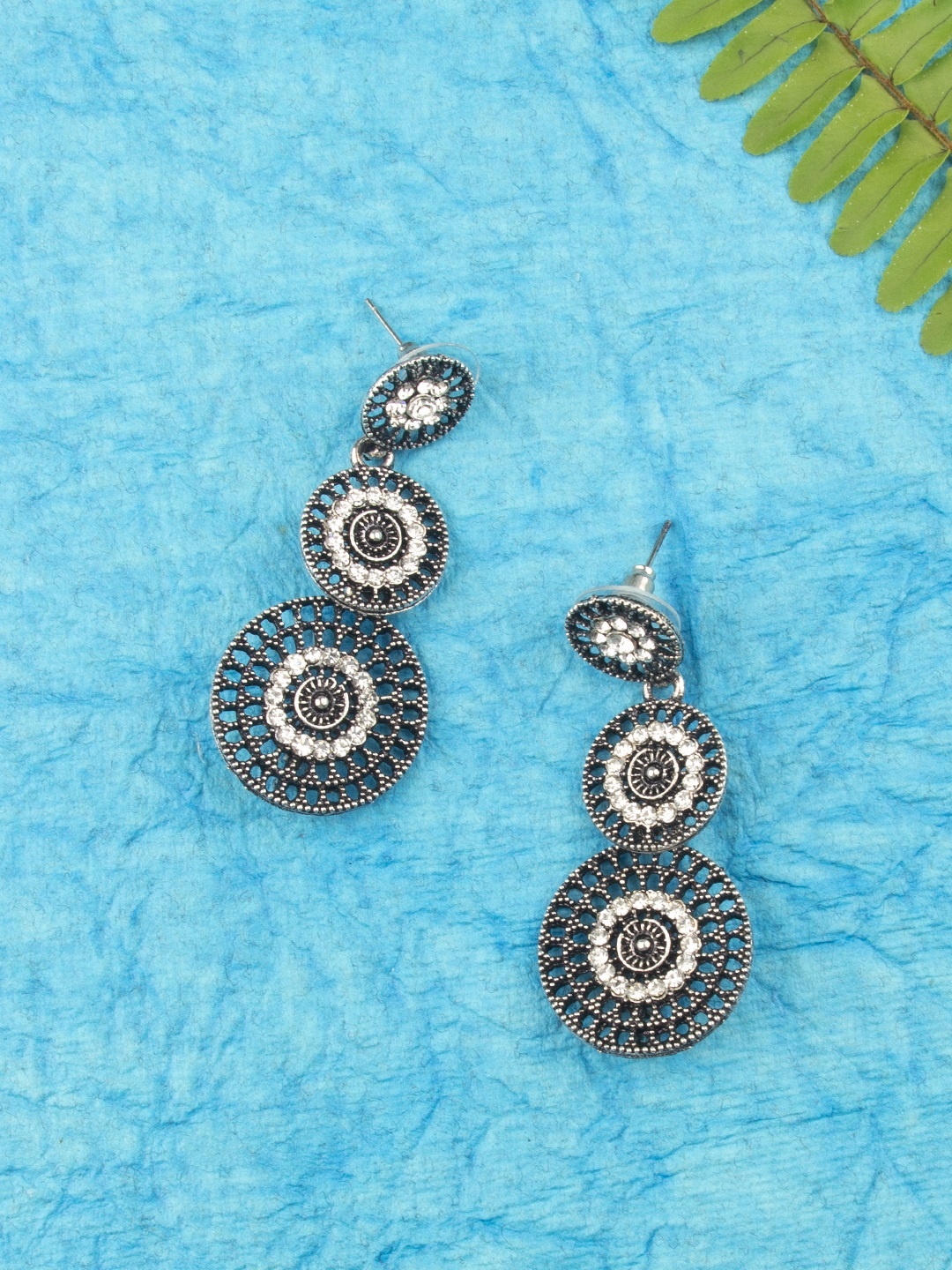 

AccessHer Oxidized Silver-Plated Studded Filigree Circular Drop Earrings