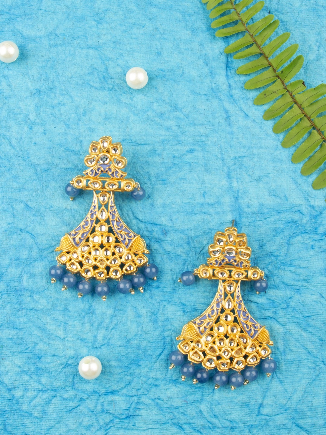 

AccessHer Blue Gold-Plated Lightweight Enamelled Kundan Classic Drop Earrings