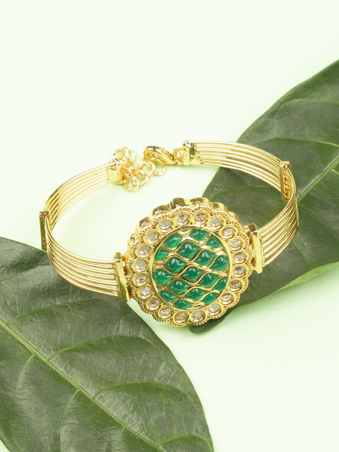 

AccessHer Gold-Plated Green Emerald Studded Cuff Bracelet