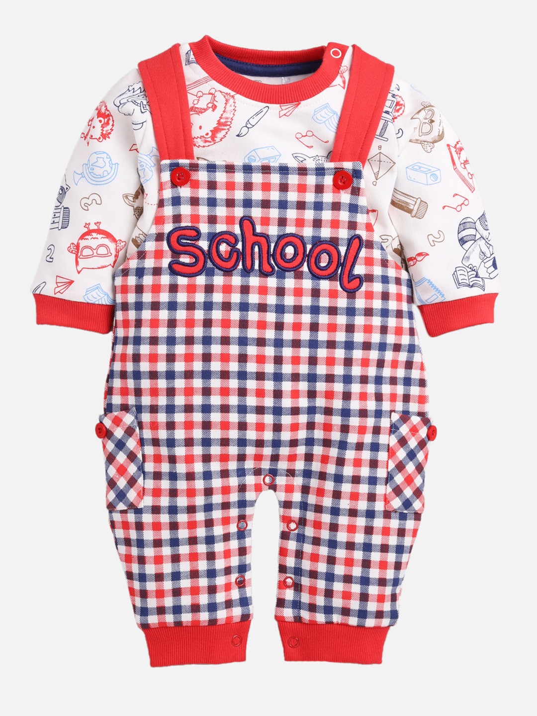 

BABY GO Boys Red & Navy Blue Checked Dungarees With Printed T-Shirt